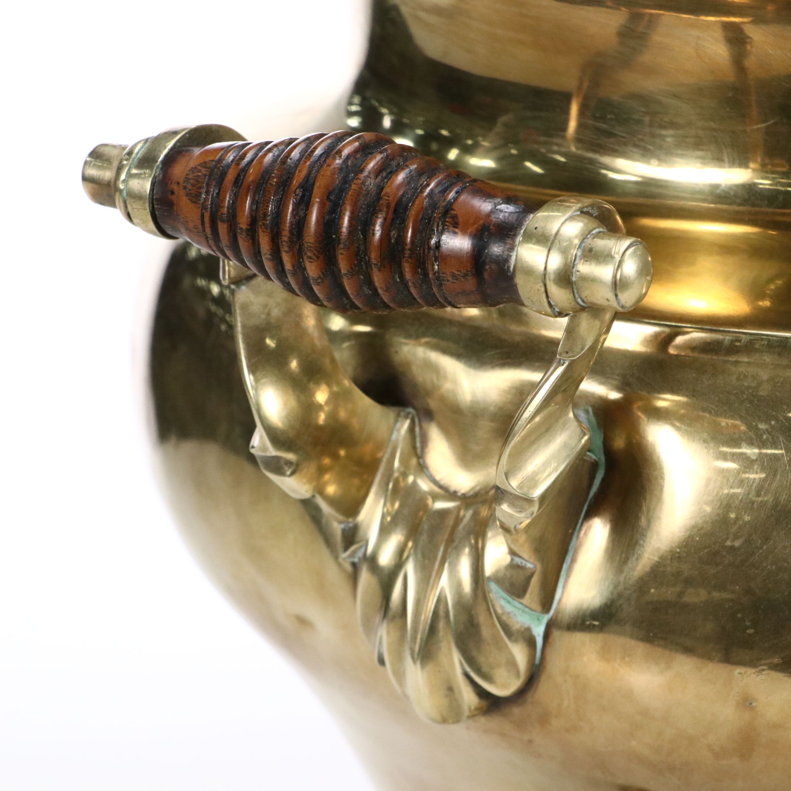 Russian Wreath Etched Brass Samovar with Wood Handles