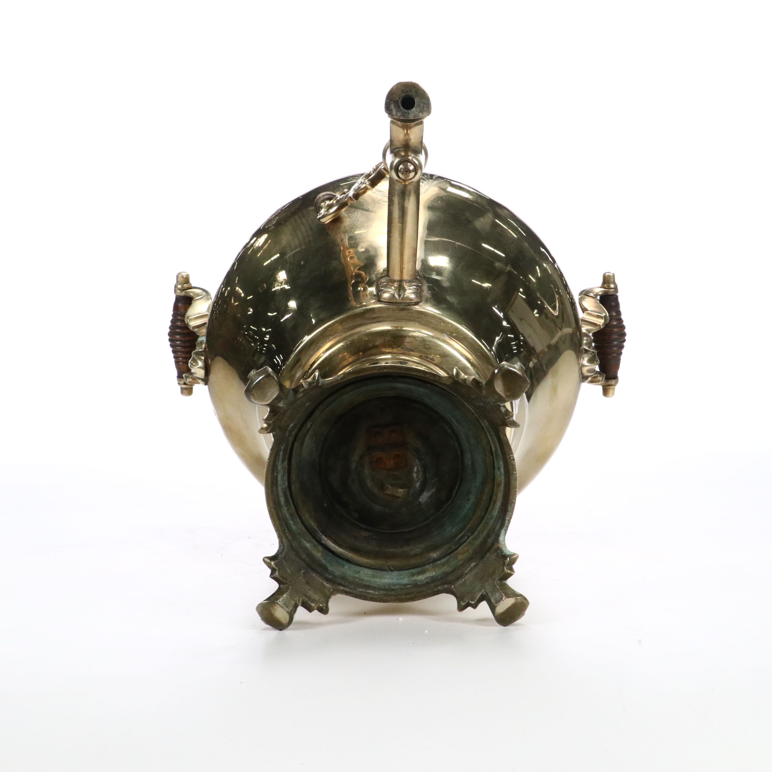 Russian Wreath Etched Brass Samovar with Wood Handles