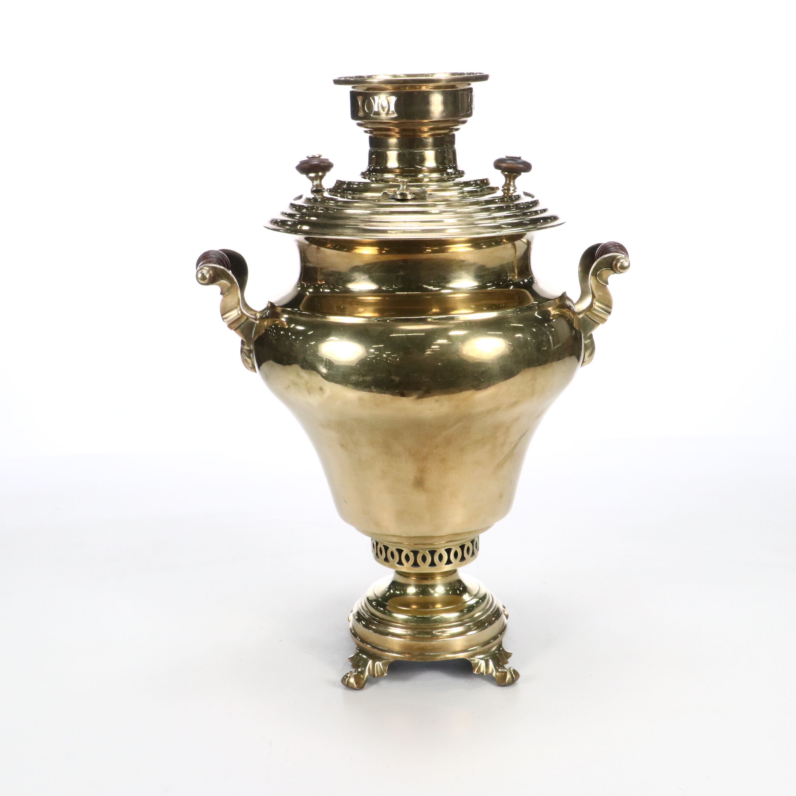 Russian Wreath Etched Brass Samovar with Wood Handles