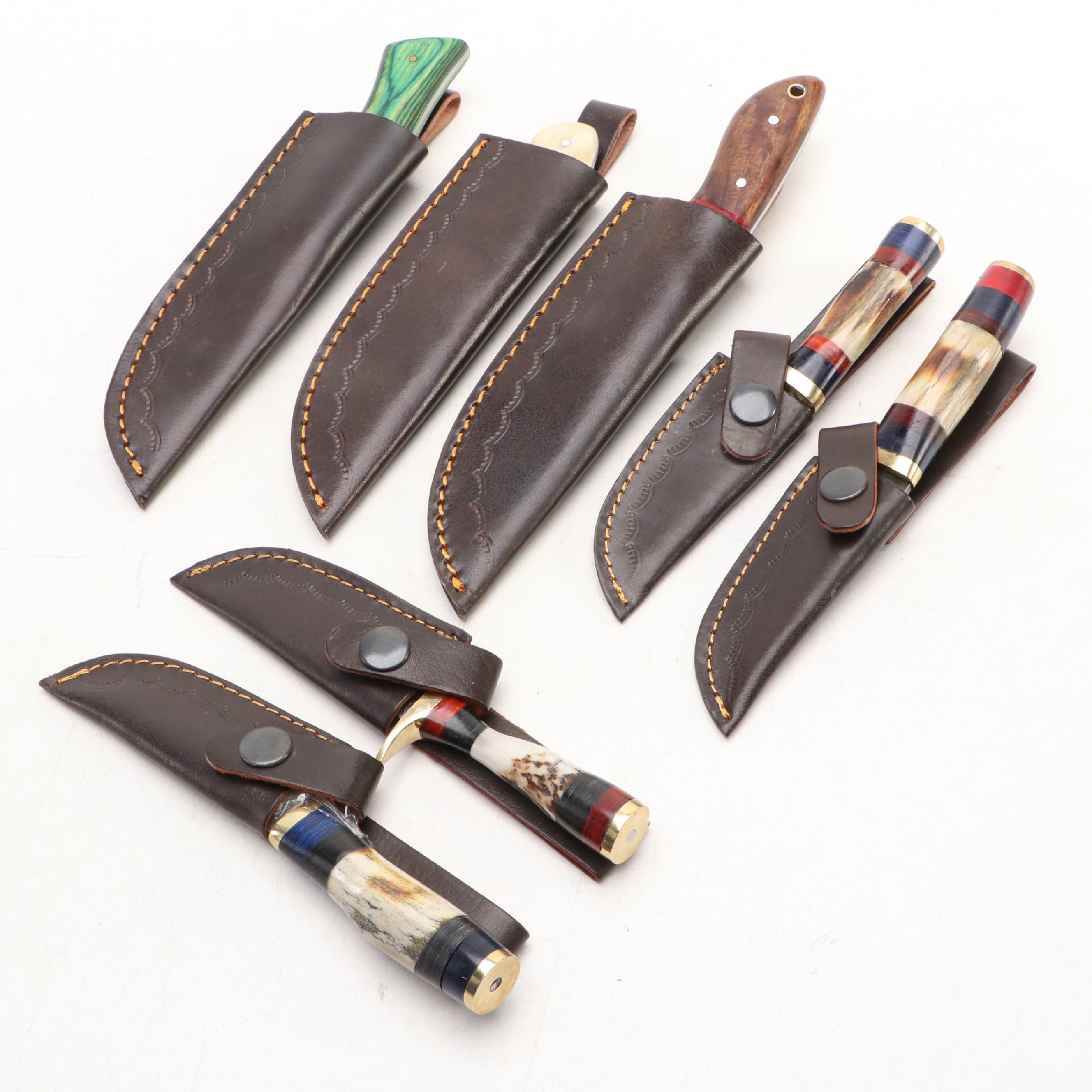 Antler Handled and Damascus Steel Skinner Knives with Hunting Knives