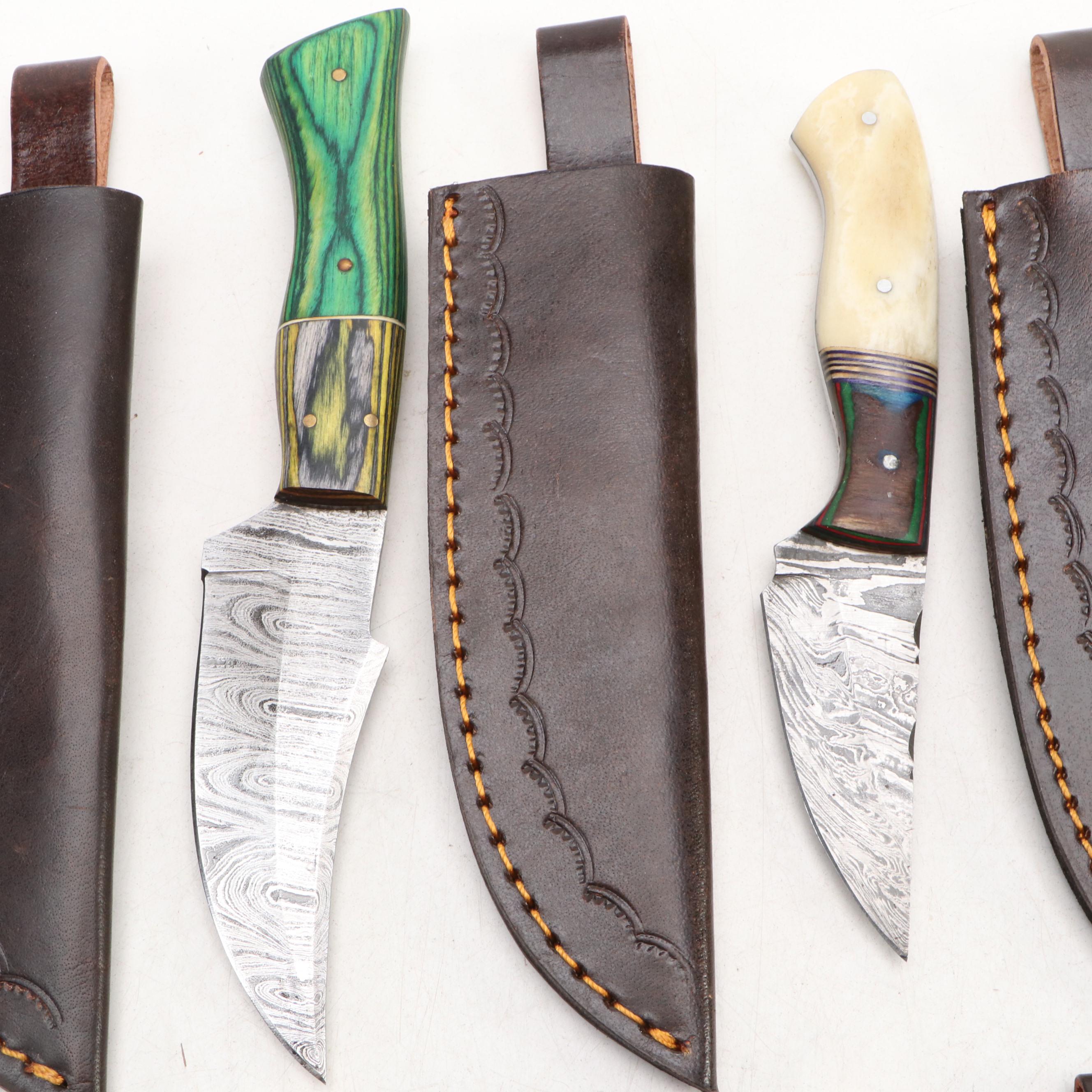 Antler Handled and Damascus Steel Skinner Knives with Hunting Knives