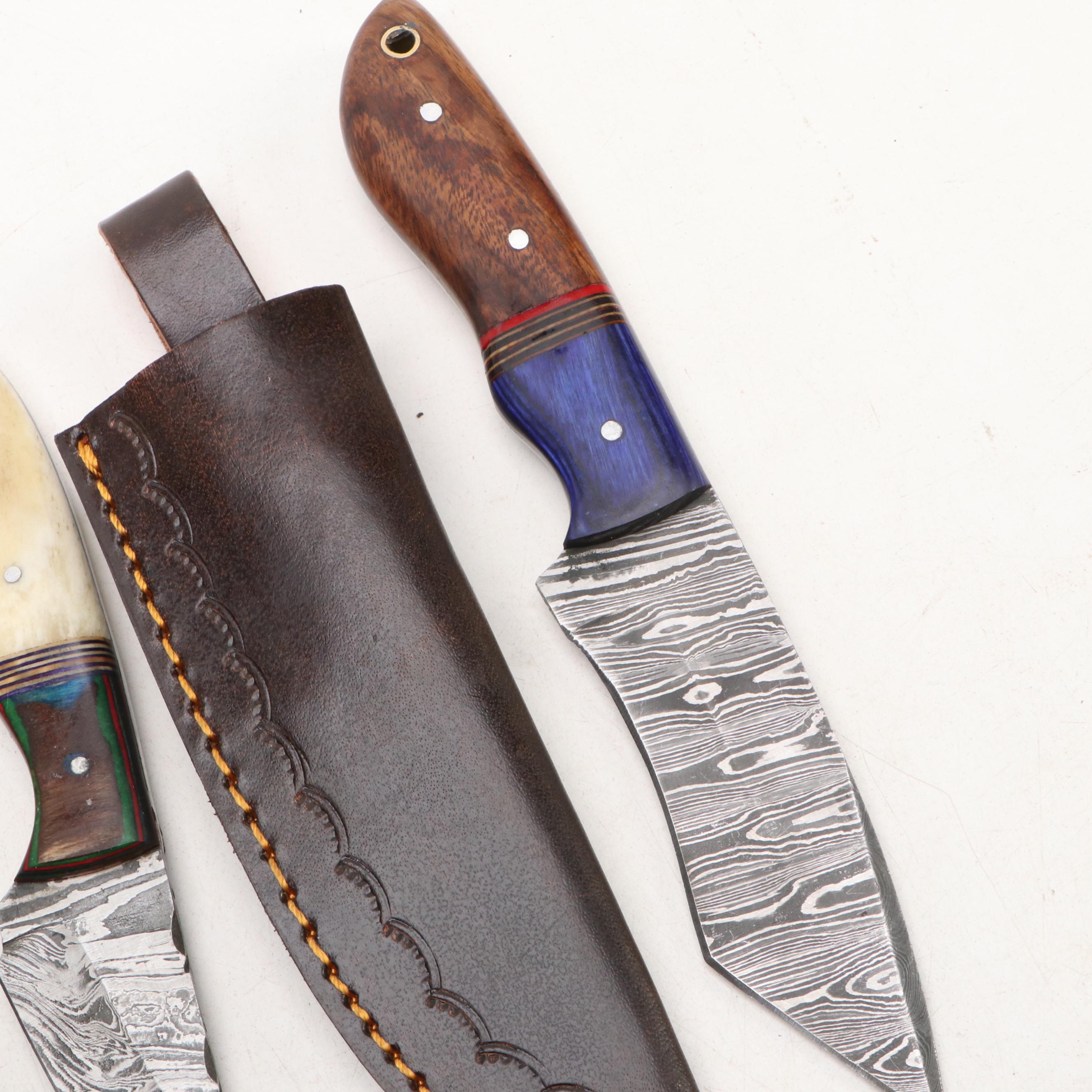 Antler Handled and Damascus Steel Skinner Knives with Hunting Knives