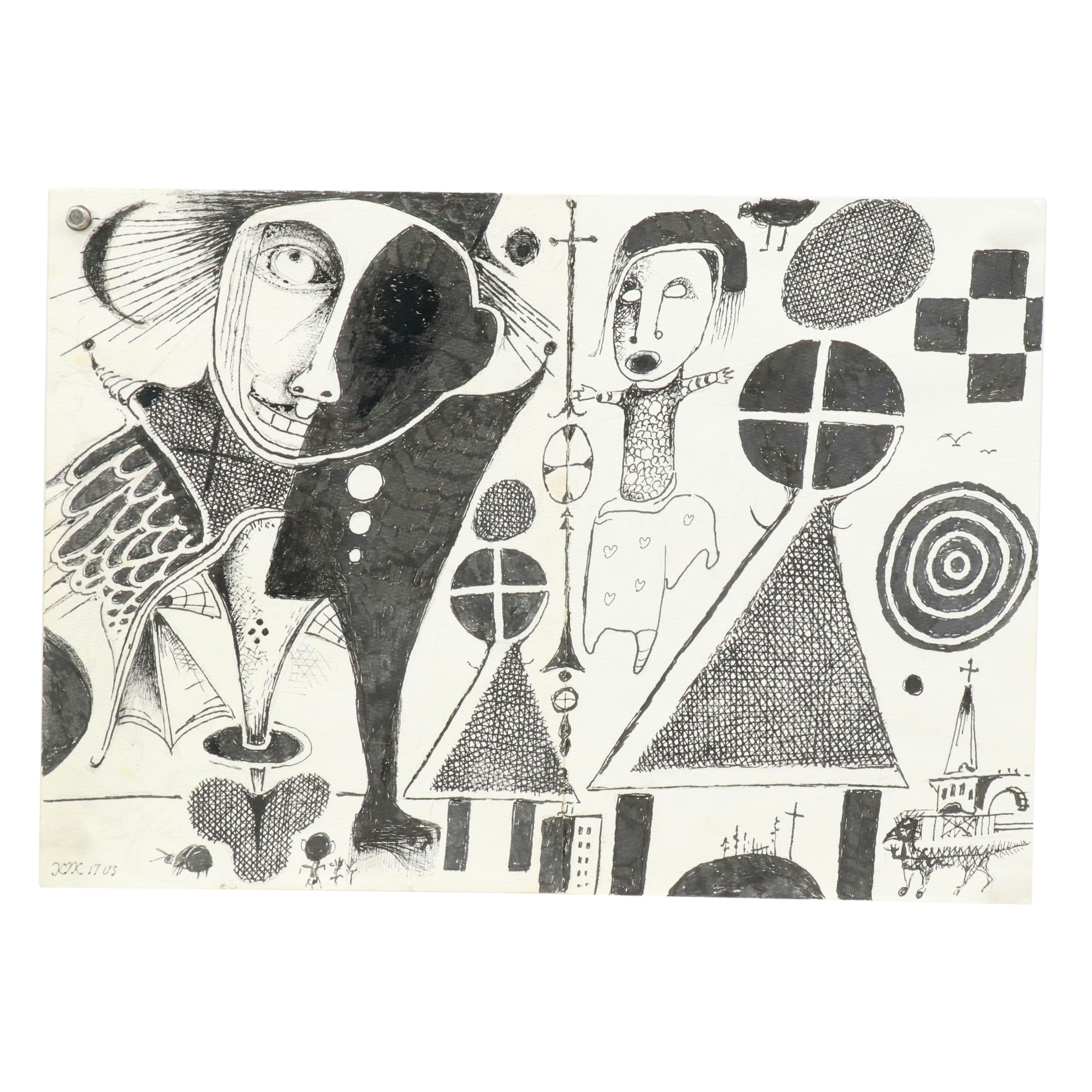 Nikolay "Kuk" Manuylov Figural Surrealist Ink Drawing, 2017