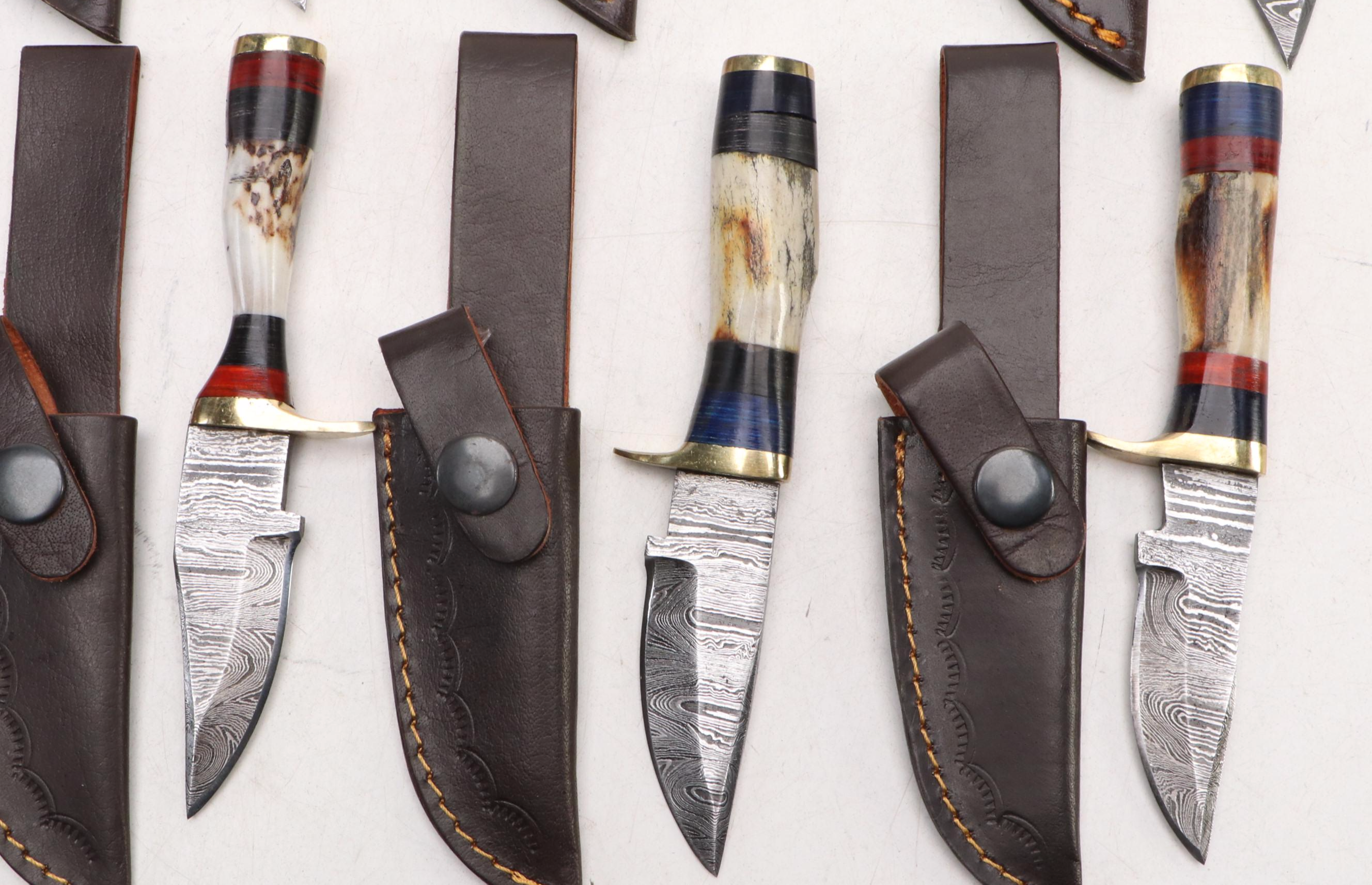 Antler Handled and Damascus Steel Skinner Knives with Hunting Knives