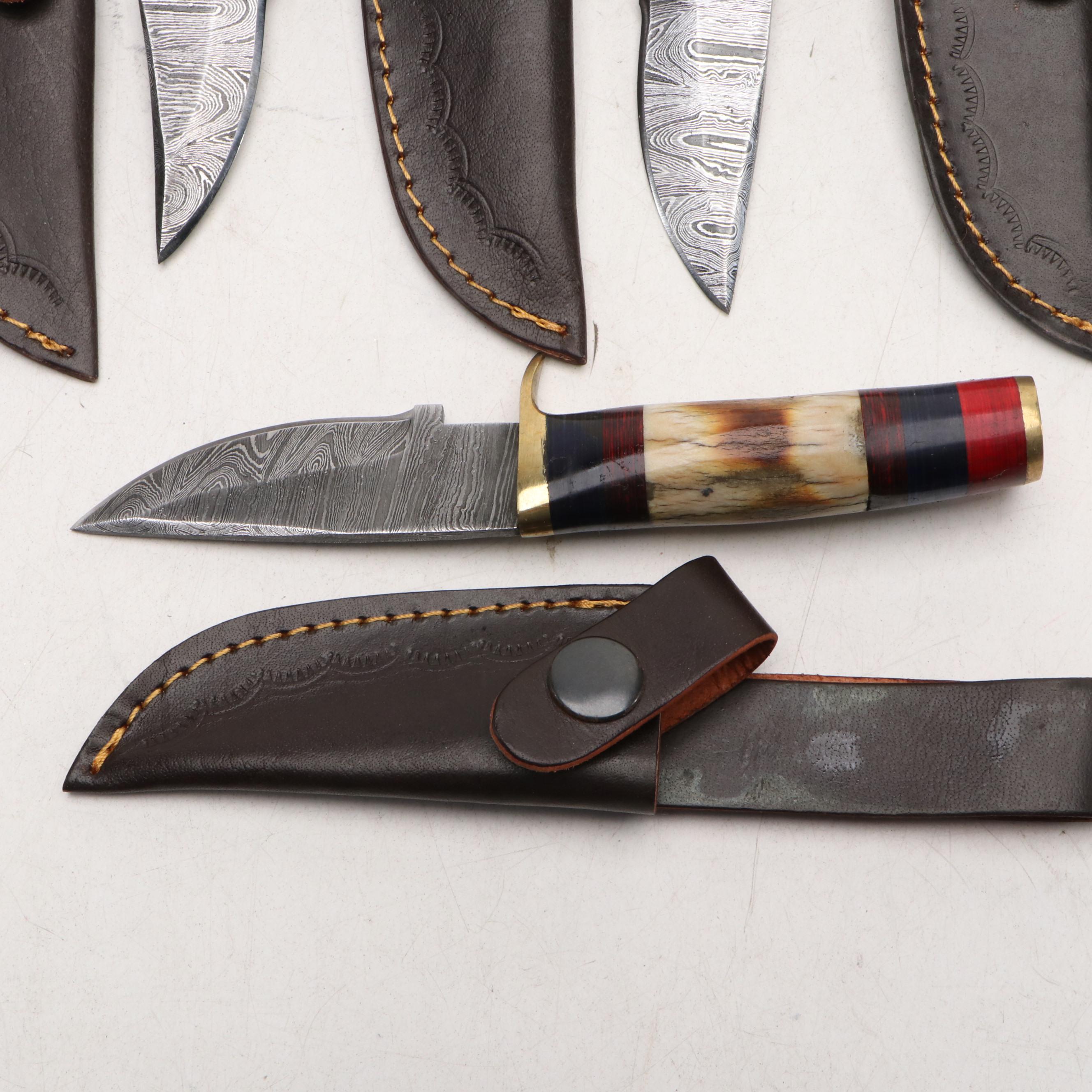 Antler Handled and Damascus Steel Skinner Knives with Hunting Knives