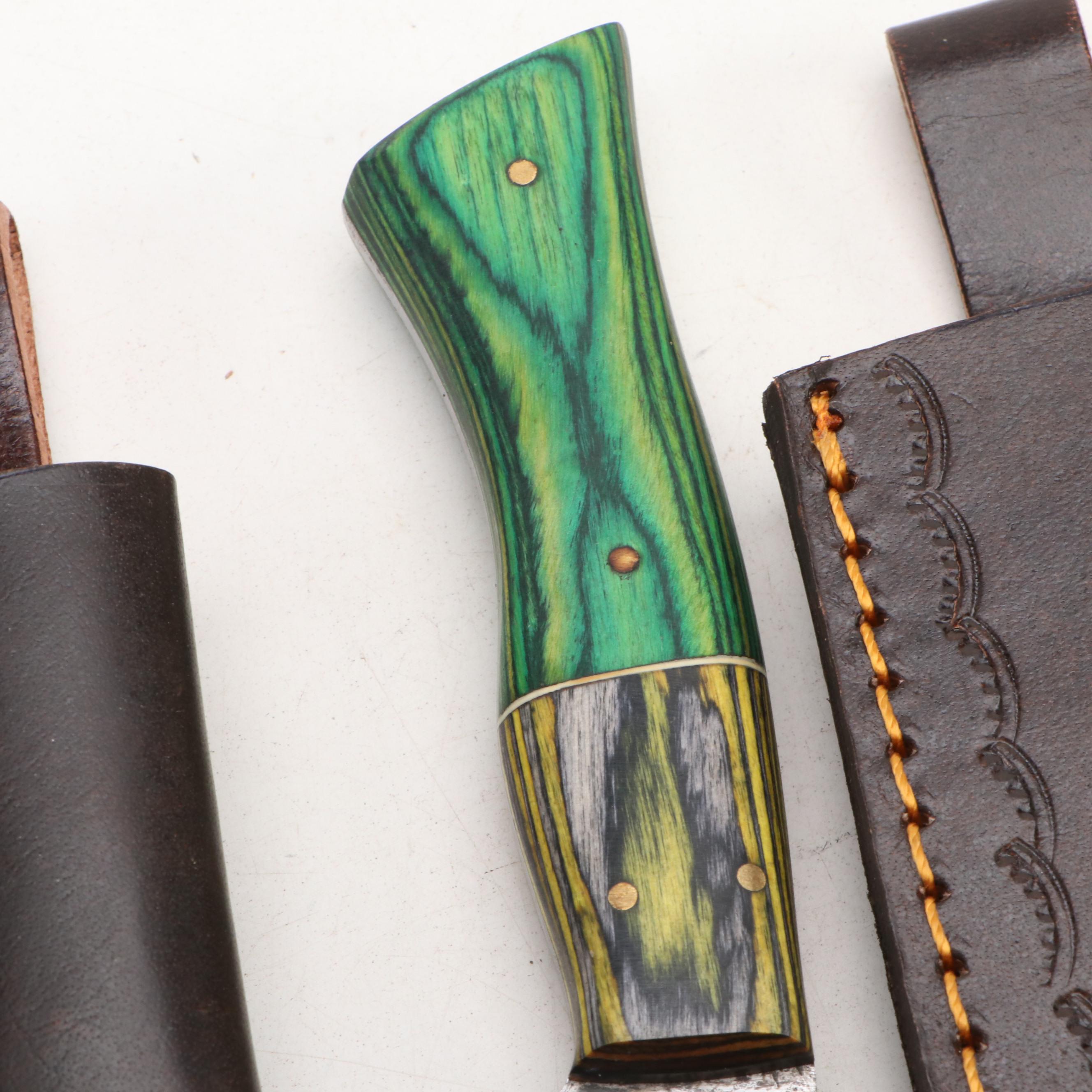 Antler Handled and Damascus Steel Skinner Knives with Hunting Knives