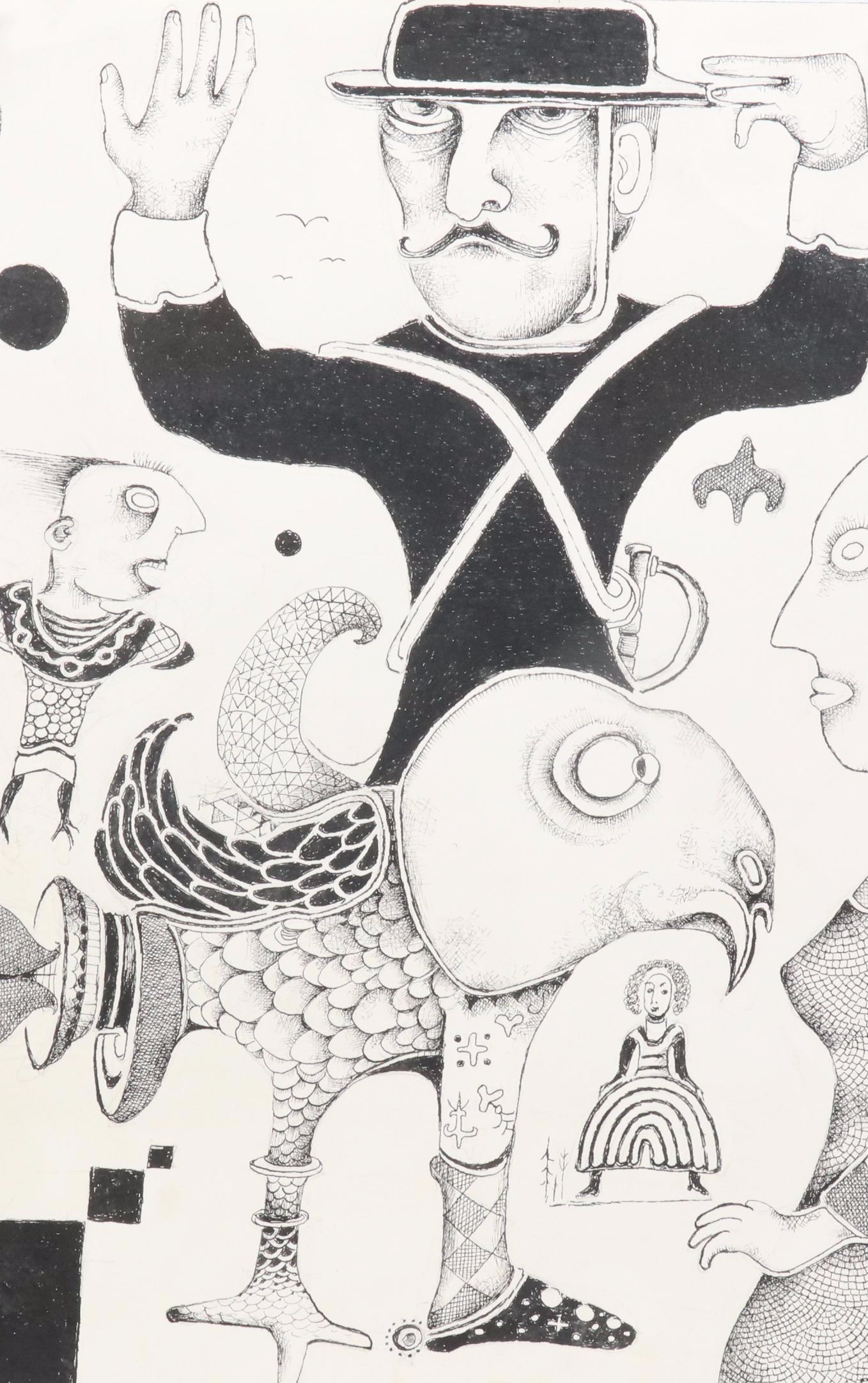 Nikolay "Kuk" Manuylov Figural Surrealist Ink Drawing, 2016