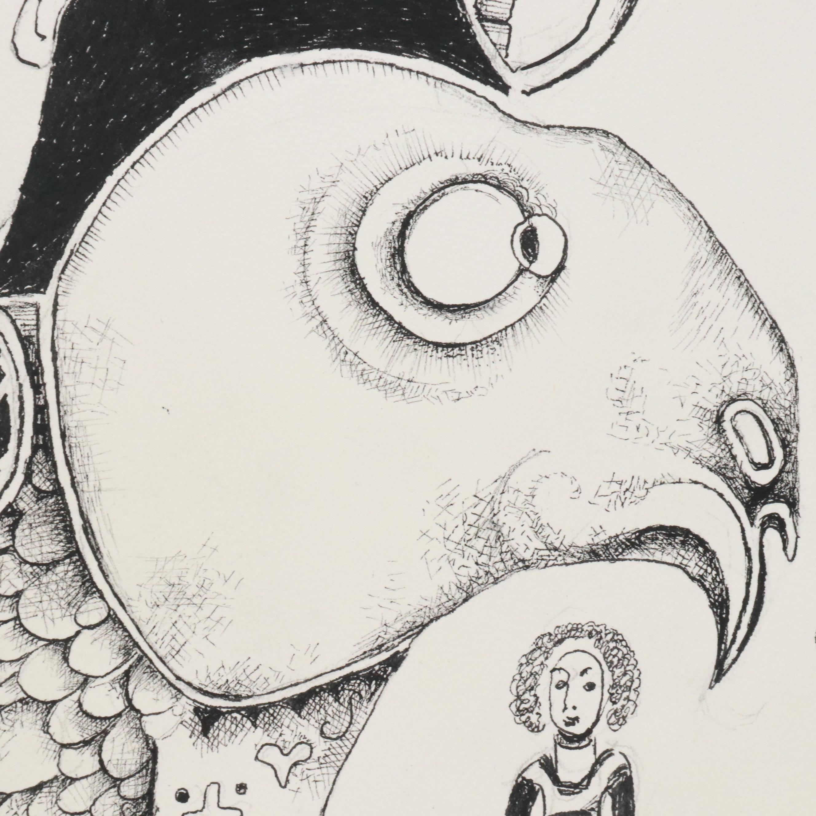 Nikolay "Kuk" Manuylov Figural Surrealist Ink Drawing, 2016