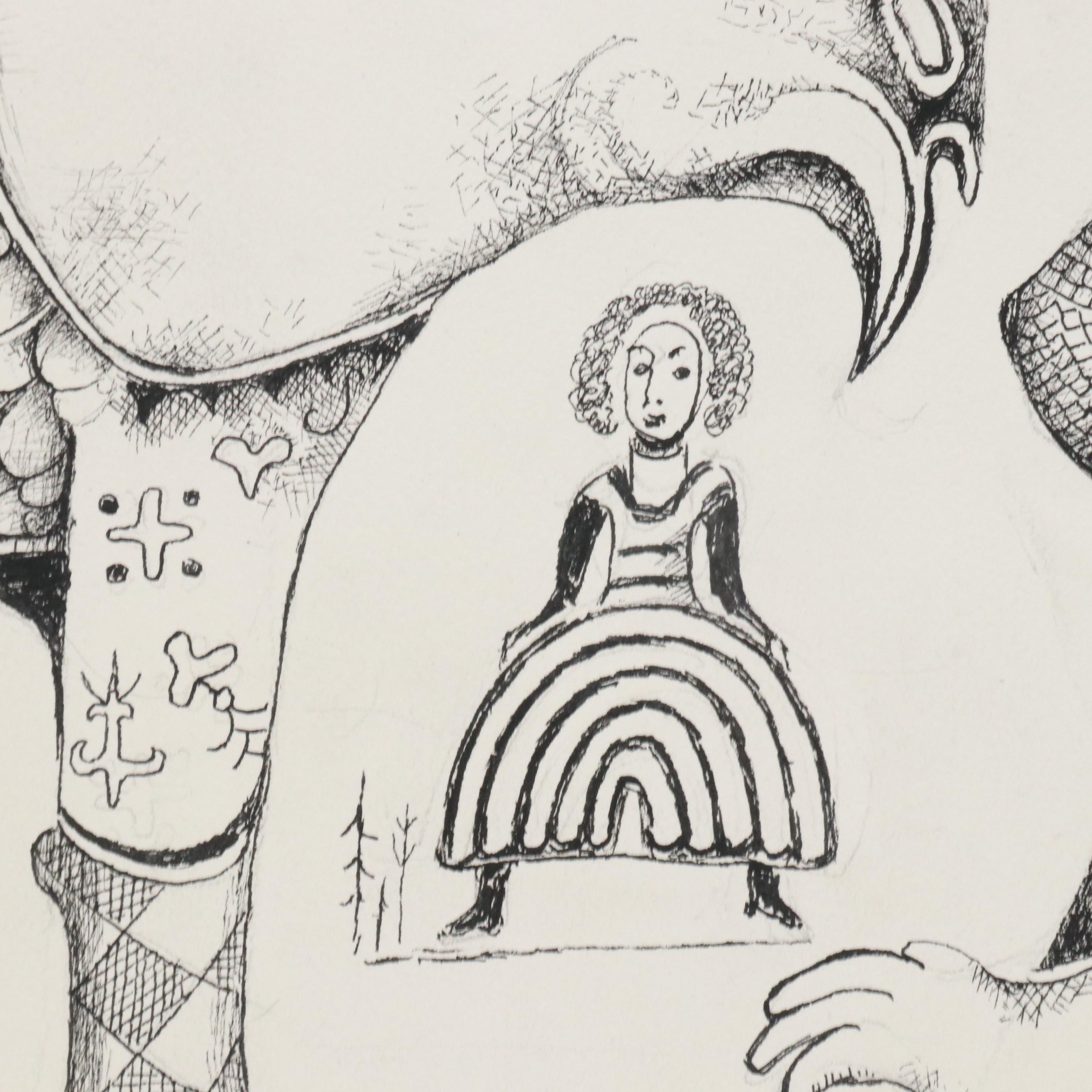 Nikolay "Kuk" Manuylov Figural Surrealist Ink Drawing, 2016