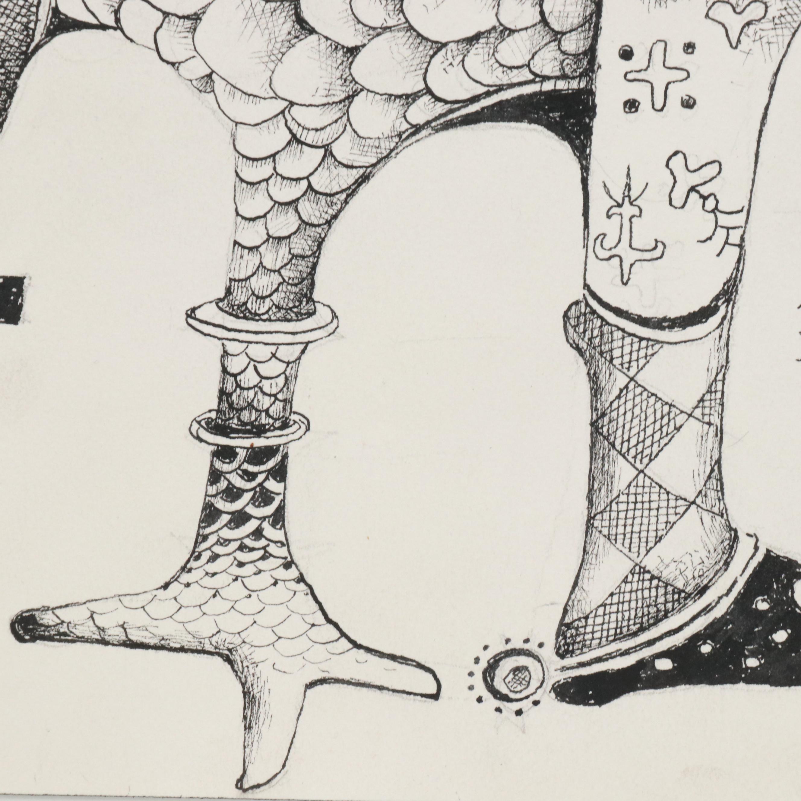 Nikolay "Kuk" Manuylov Figural Surrealist Ink Drawing, 2016