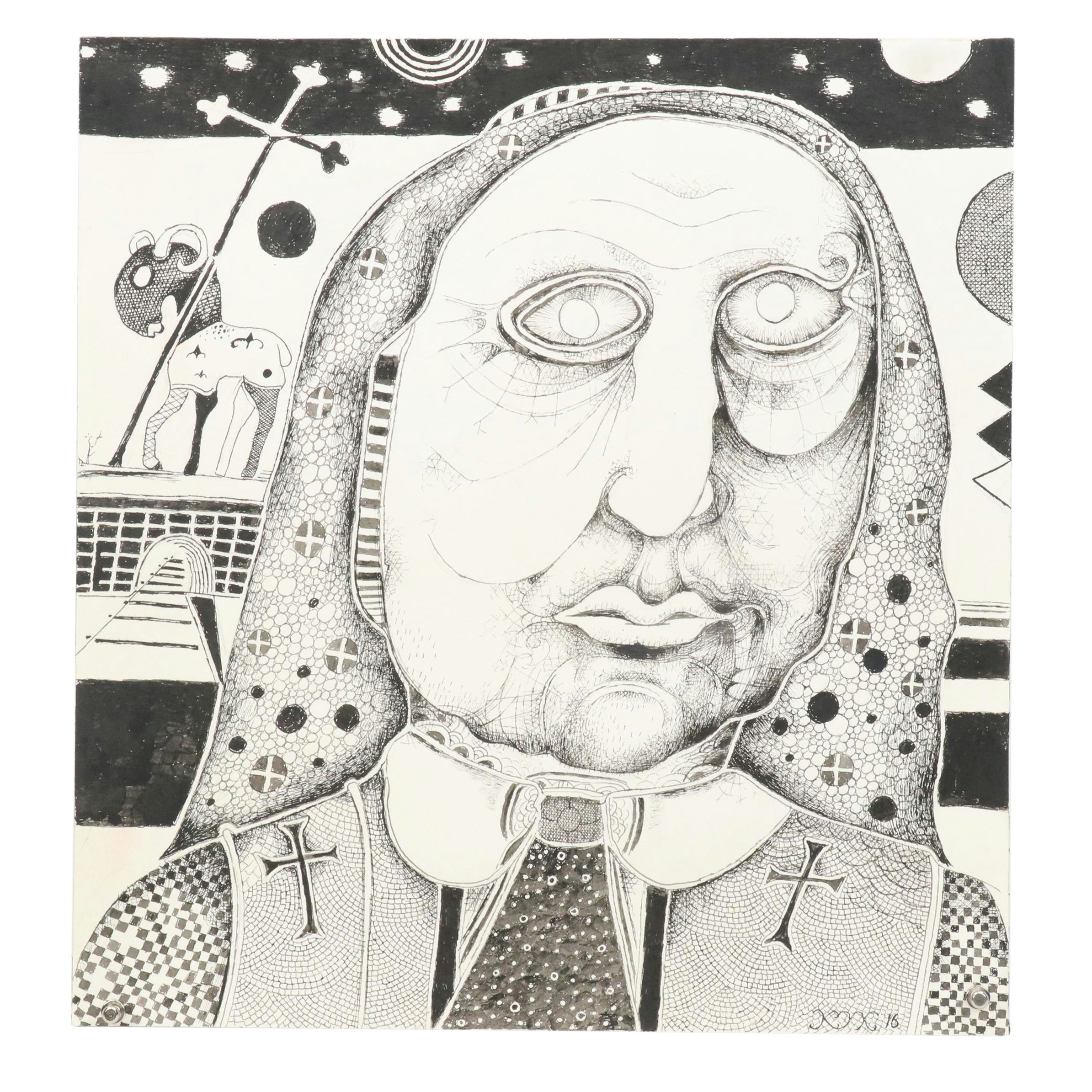 Nikolay "Kuk" Manuylov Figural Surrealist Ink Drawing, 2016