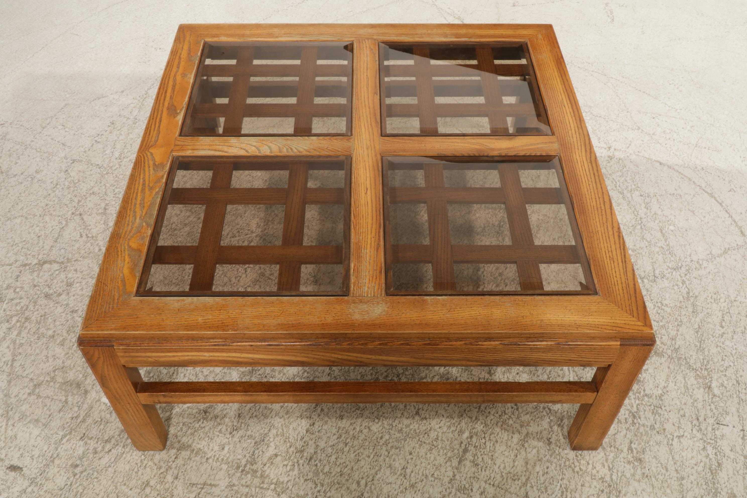 Oak Coffee Table with Tinted Glass Inserts, Late 20th Century