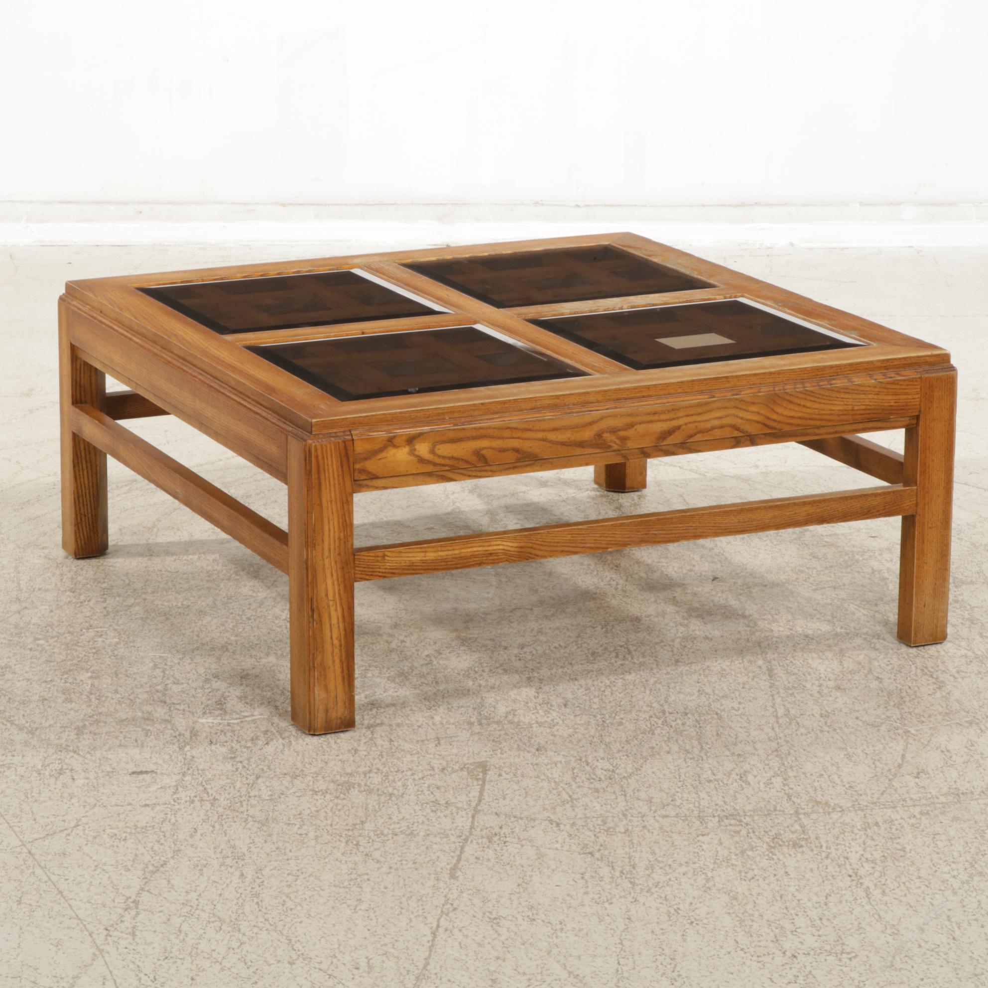 Oak Coffee Table with Tinted Glass Inserts, Late 20th Century
