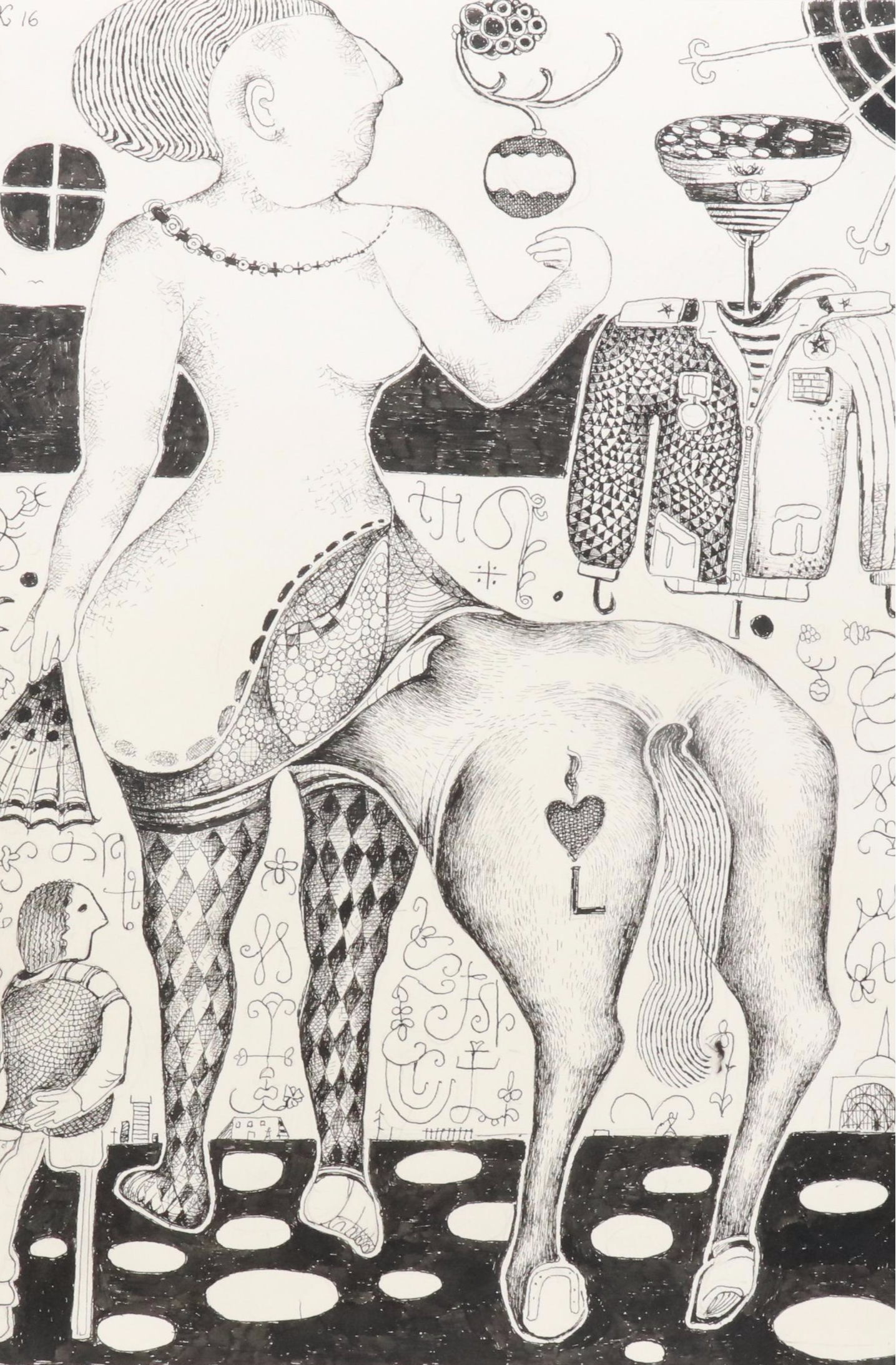 Nikolay "Kuk" Manuylov Figural Surrealist Ink Drawing, 2016