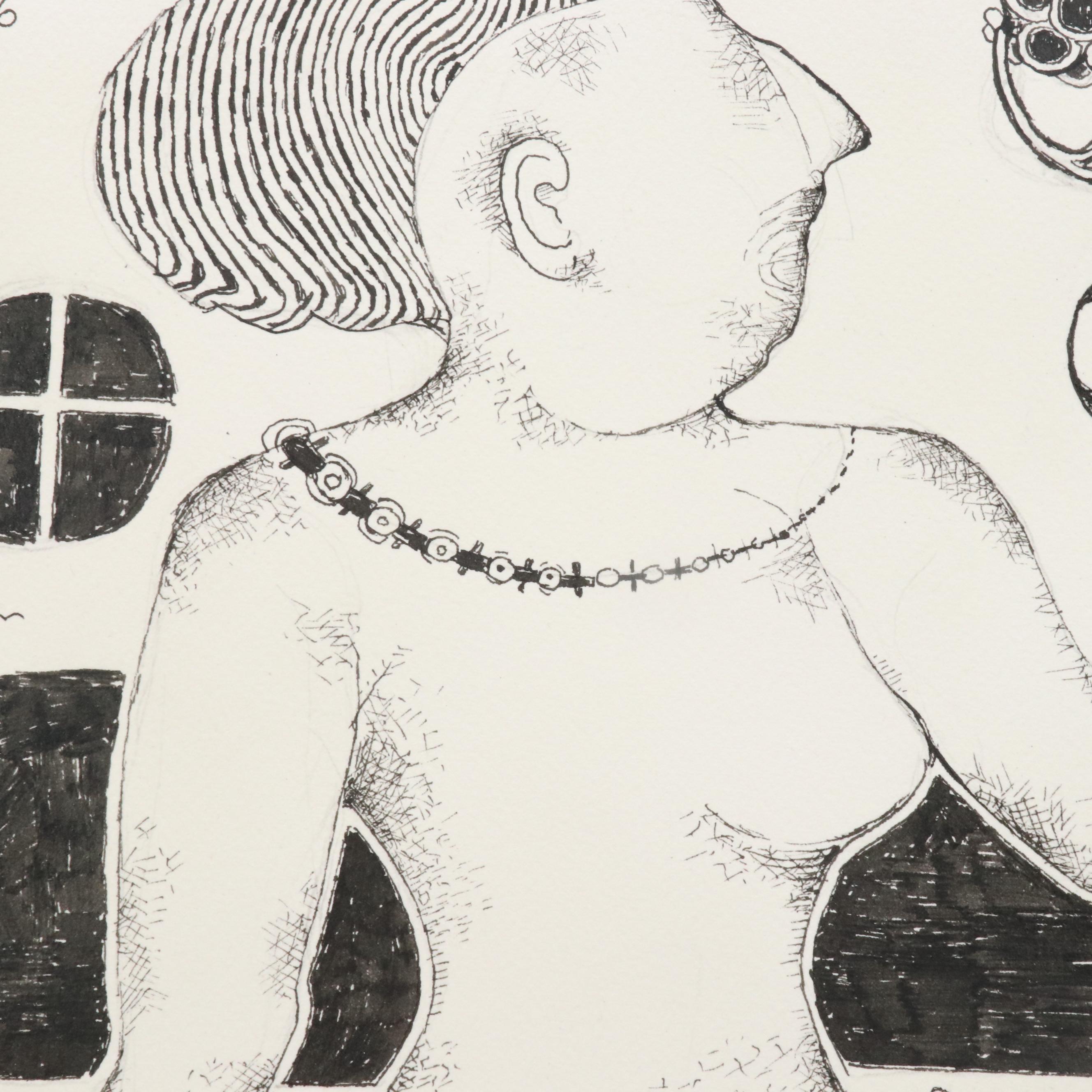 Nikolay "Kuk" Manuylov Figural Surrealist Ink Drawing, 2016