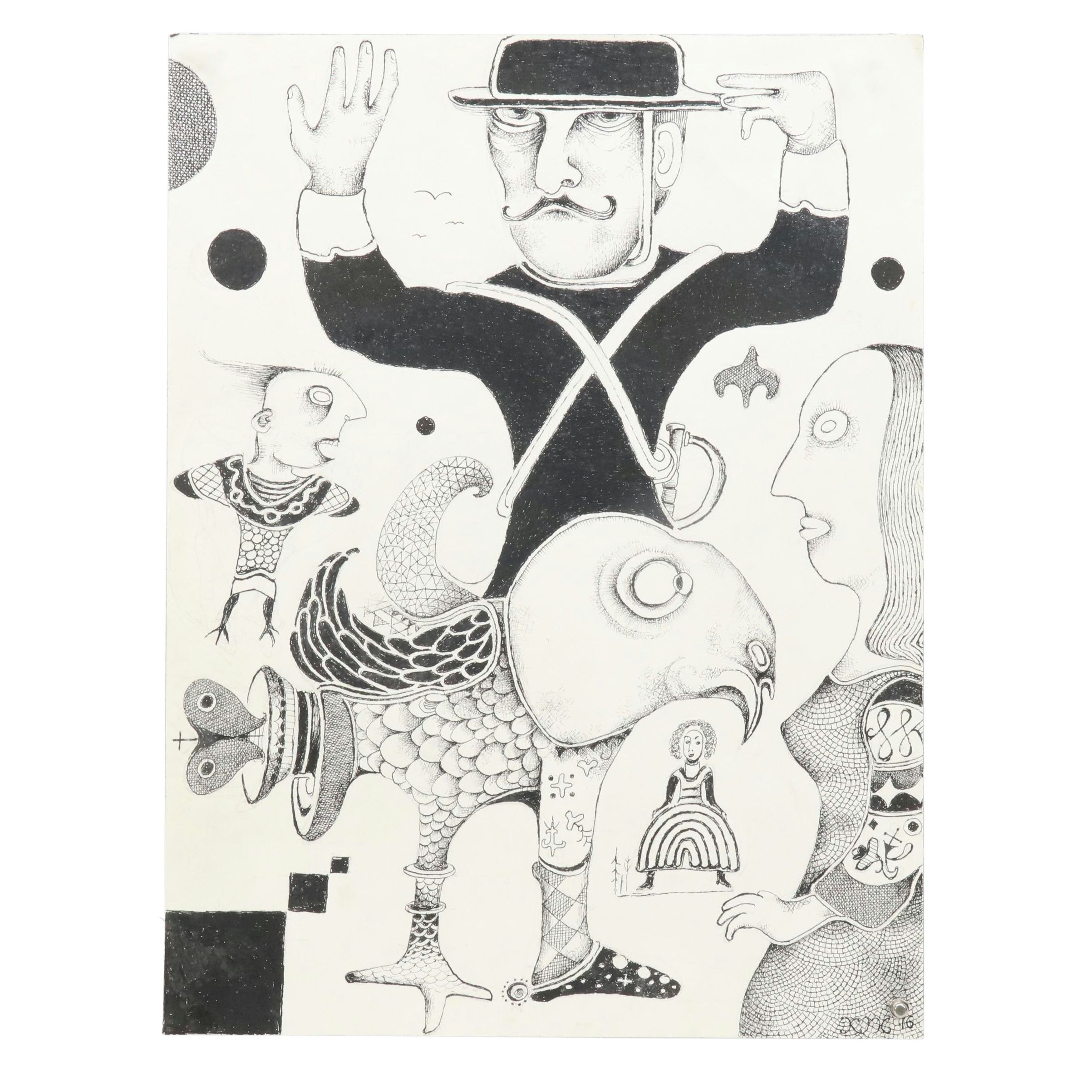 Nikolay "Kuk" Manuylov Figural Surrealist Ink Drawing, 2016