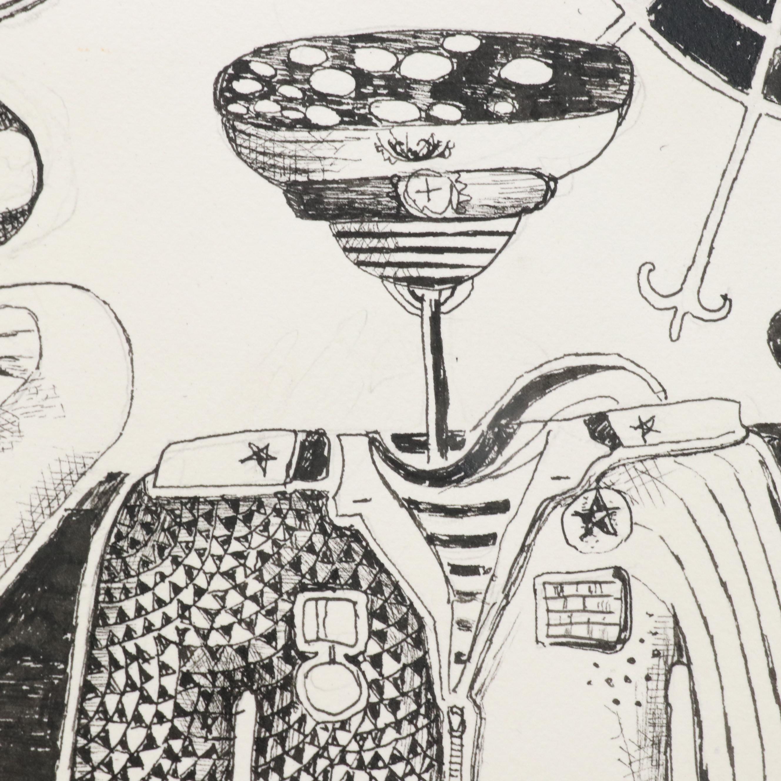 Nikolay "Kuk" Manuylov Figural Surrealist Ink Drawing, 2016