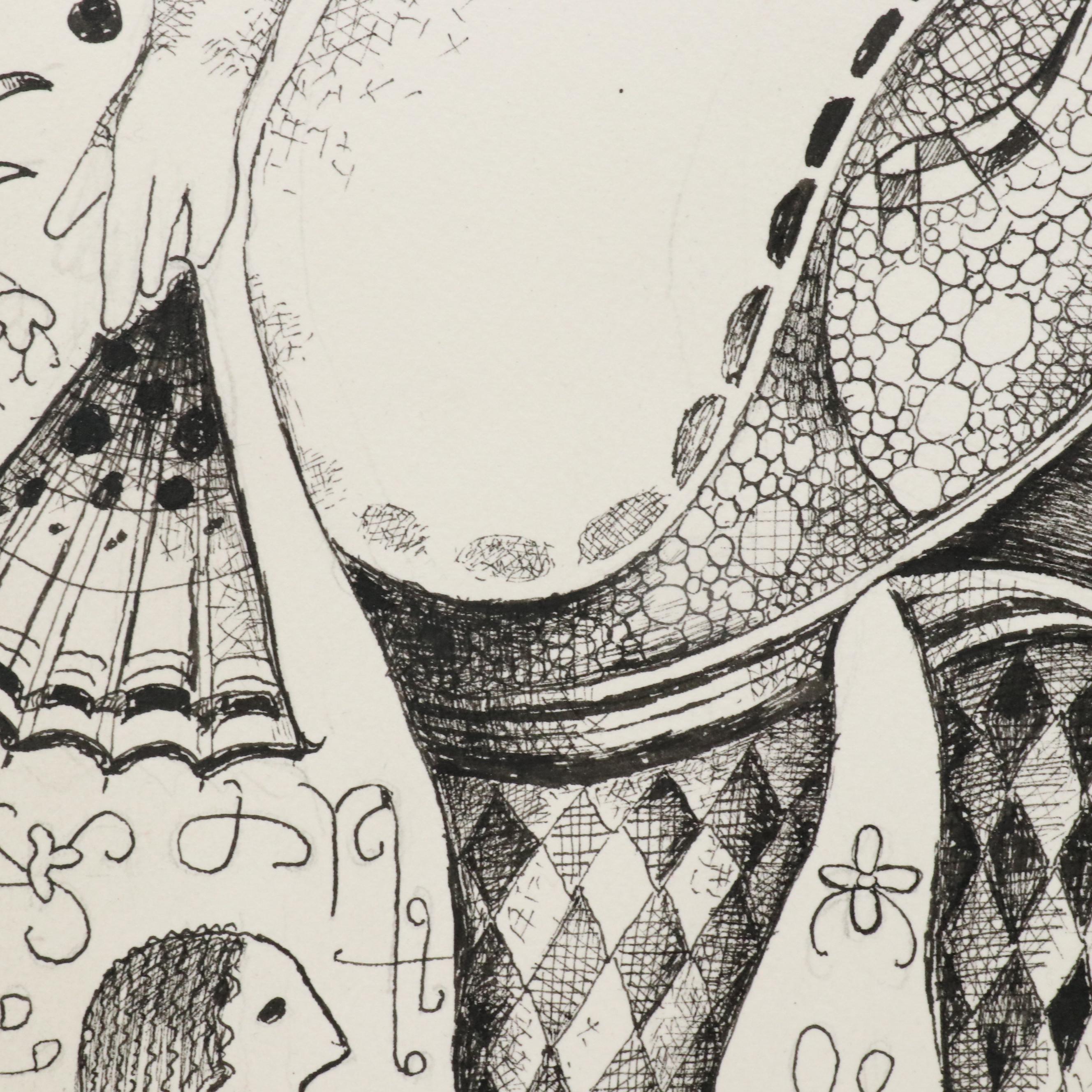 Nikolay "Kuk" Manuylov Figural Surrealist Ink Drawing, 2016