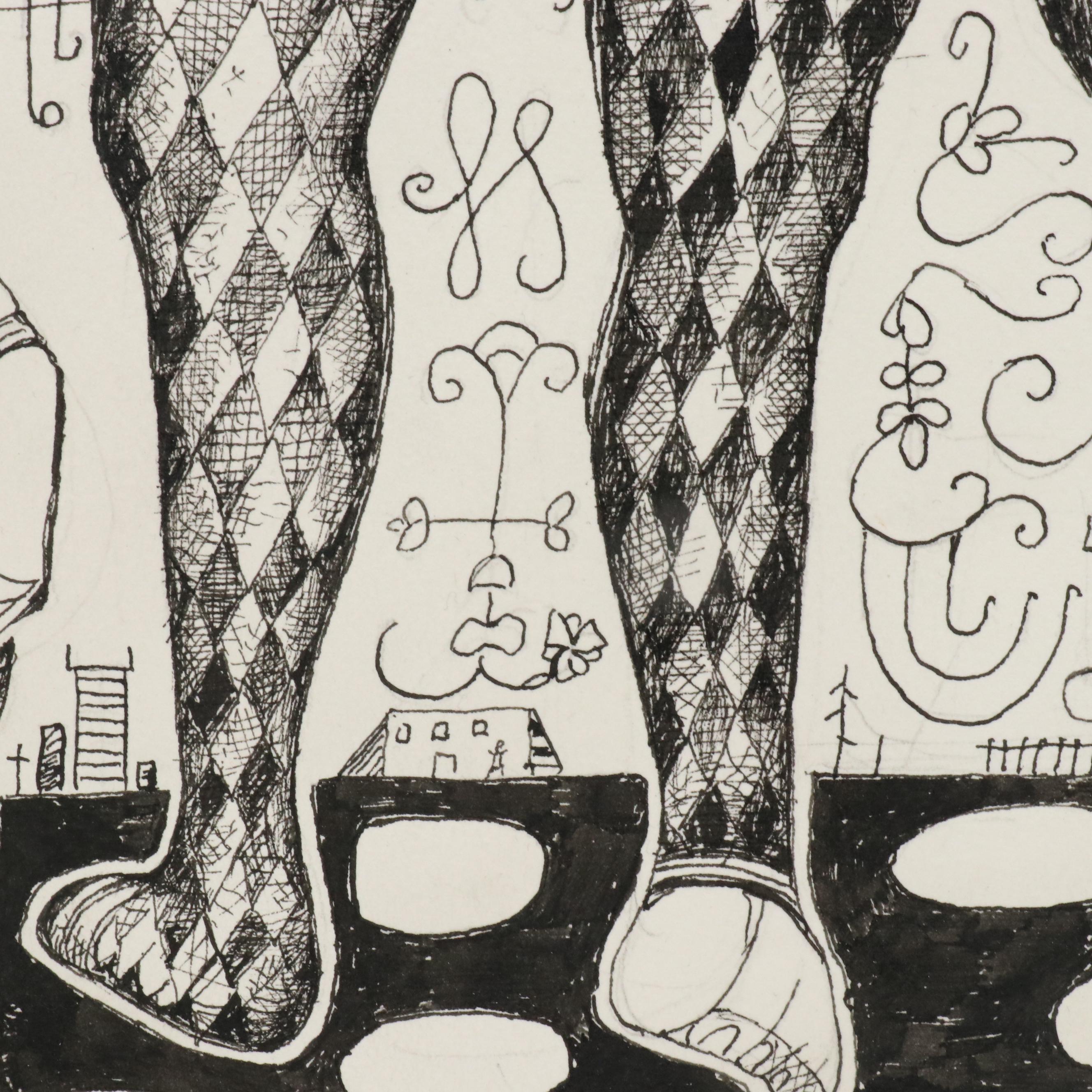 Nikolay "Kuk" Manuylov Figural Surrealist Ink Drawing, 2016