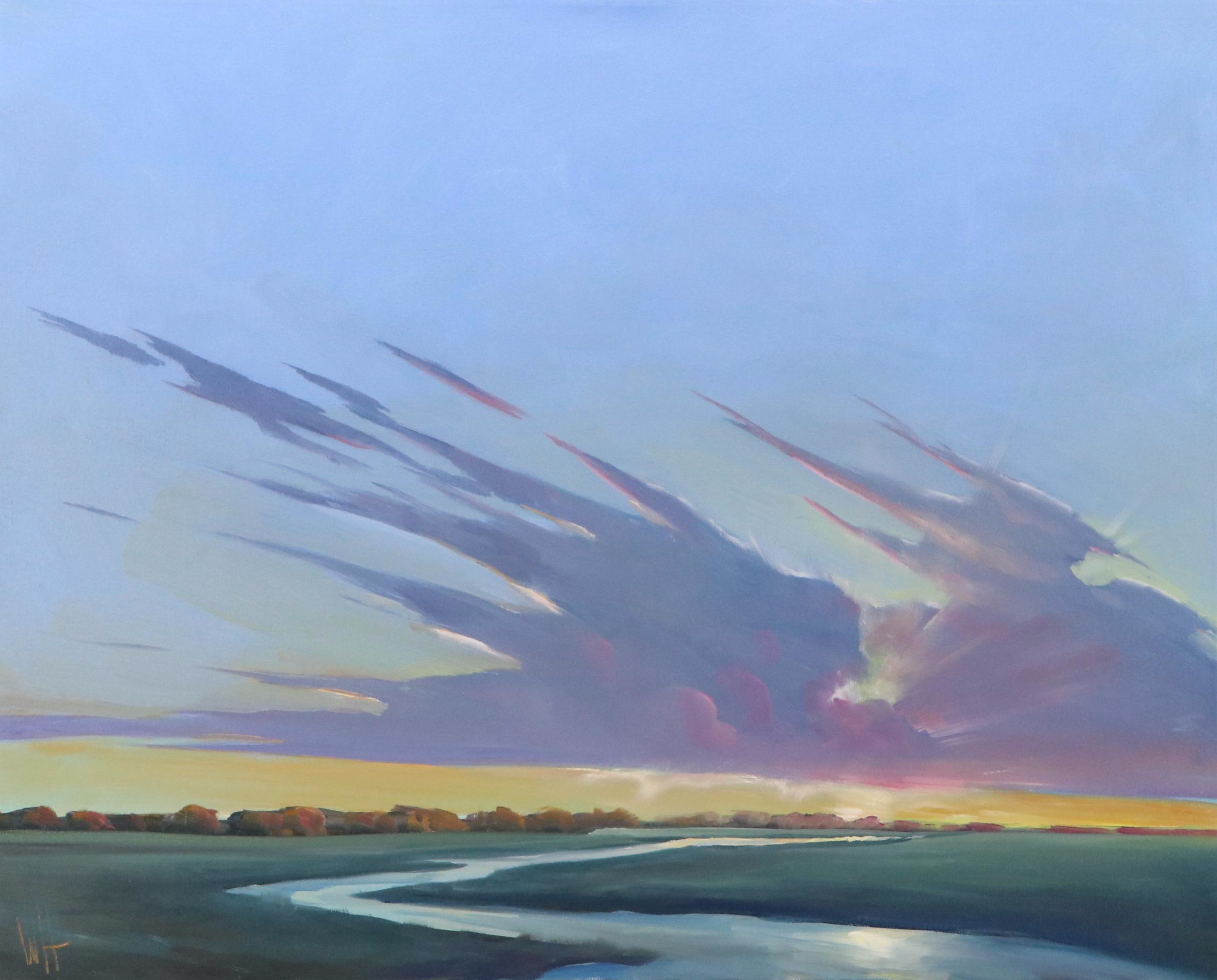 William Hawkins Oil Painting of Expansive Sky Over Winding Stream