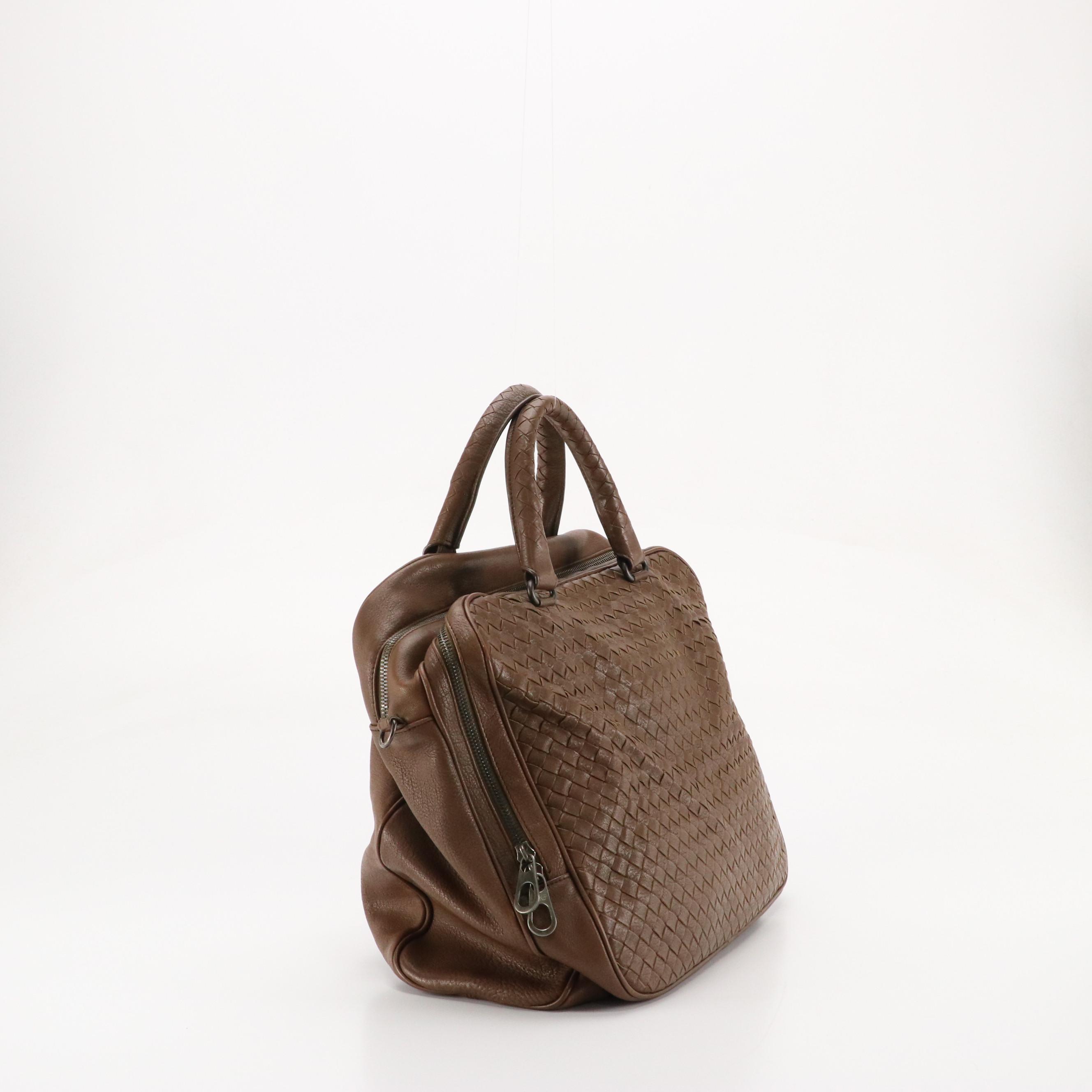 Bottega Veneta Two-Way Briefcase in Brown Intrecciato & Grained Calfskin Leather