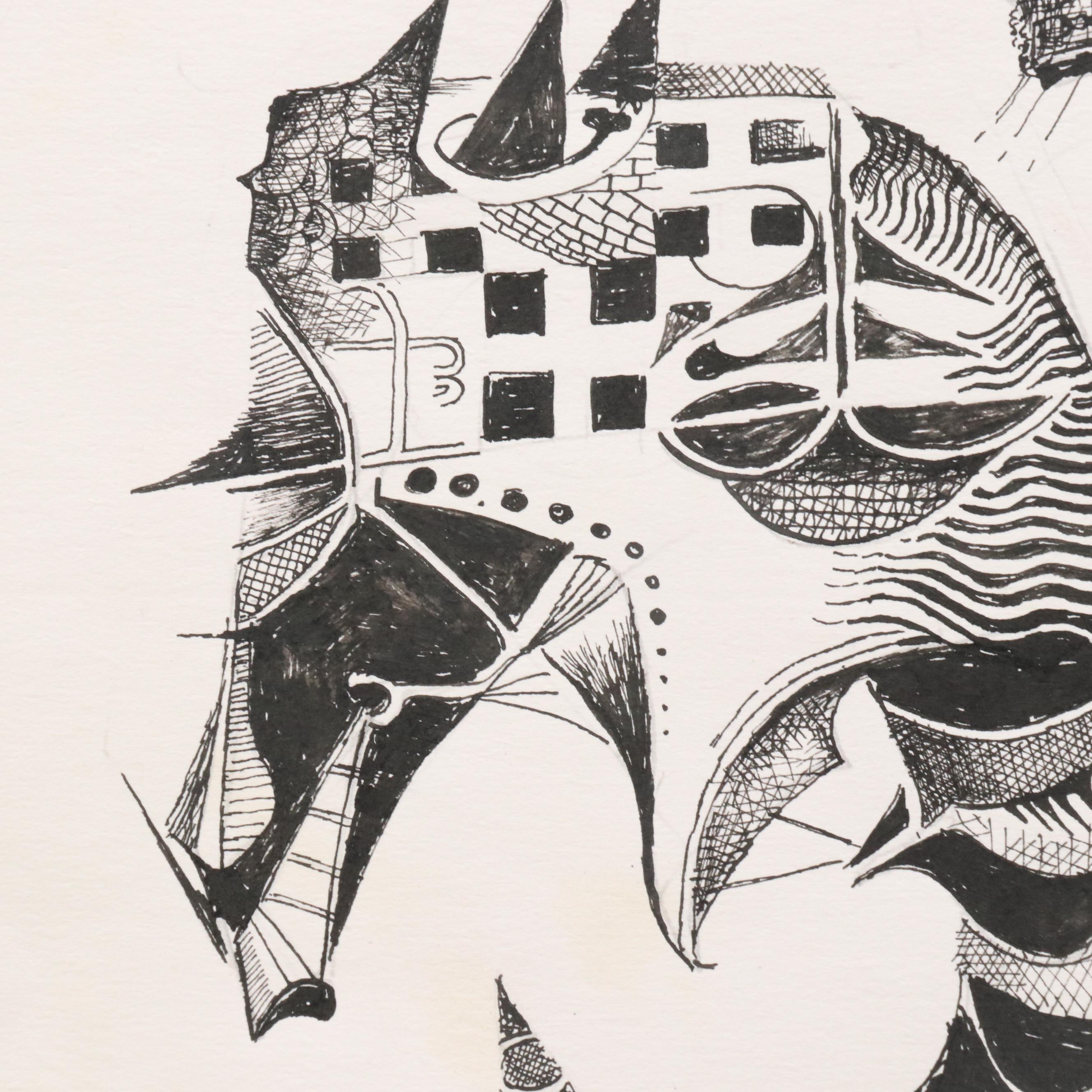 Nikolay "Kuk" Manuylov Figural Surrealist Ink Drawing, 2001