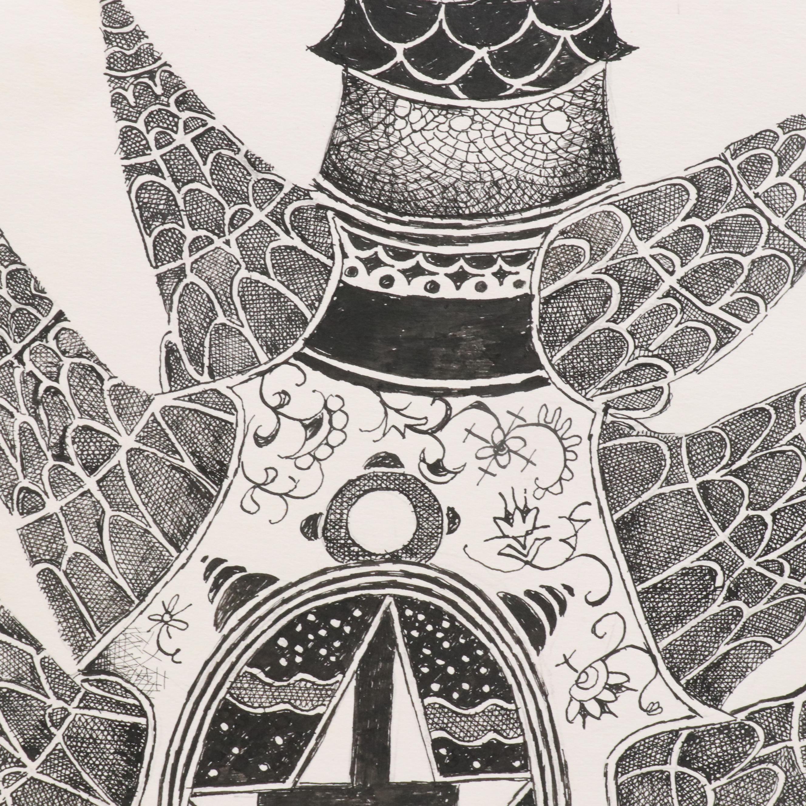 Nikolay "Kuk" Manuylov Figural Surrealist Ink Drawing, 2001