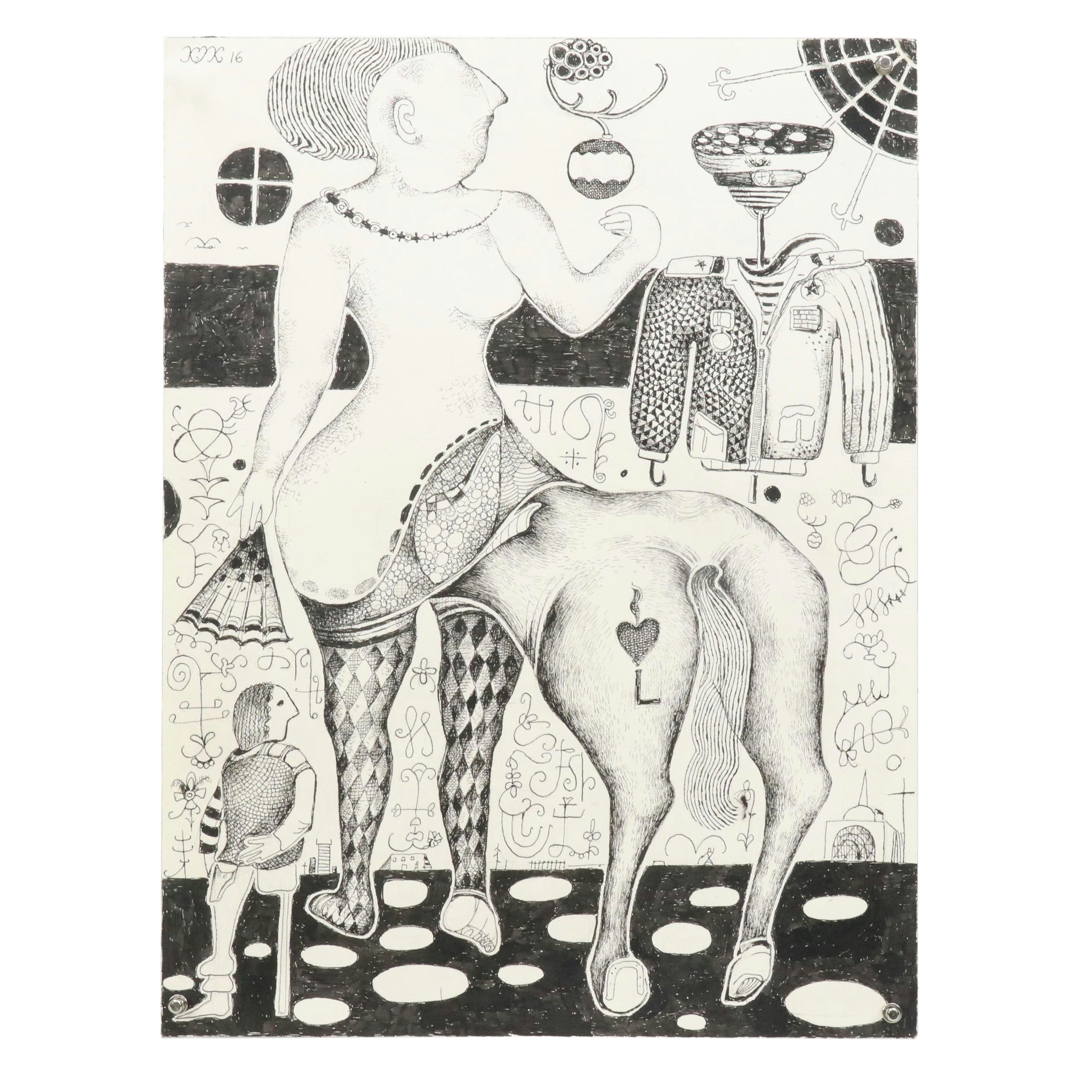 Nikolay "Kuk" Manuylov Figural Surrealist Ink Drawing, 2016