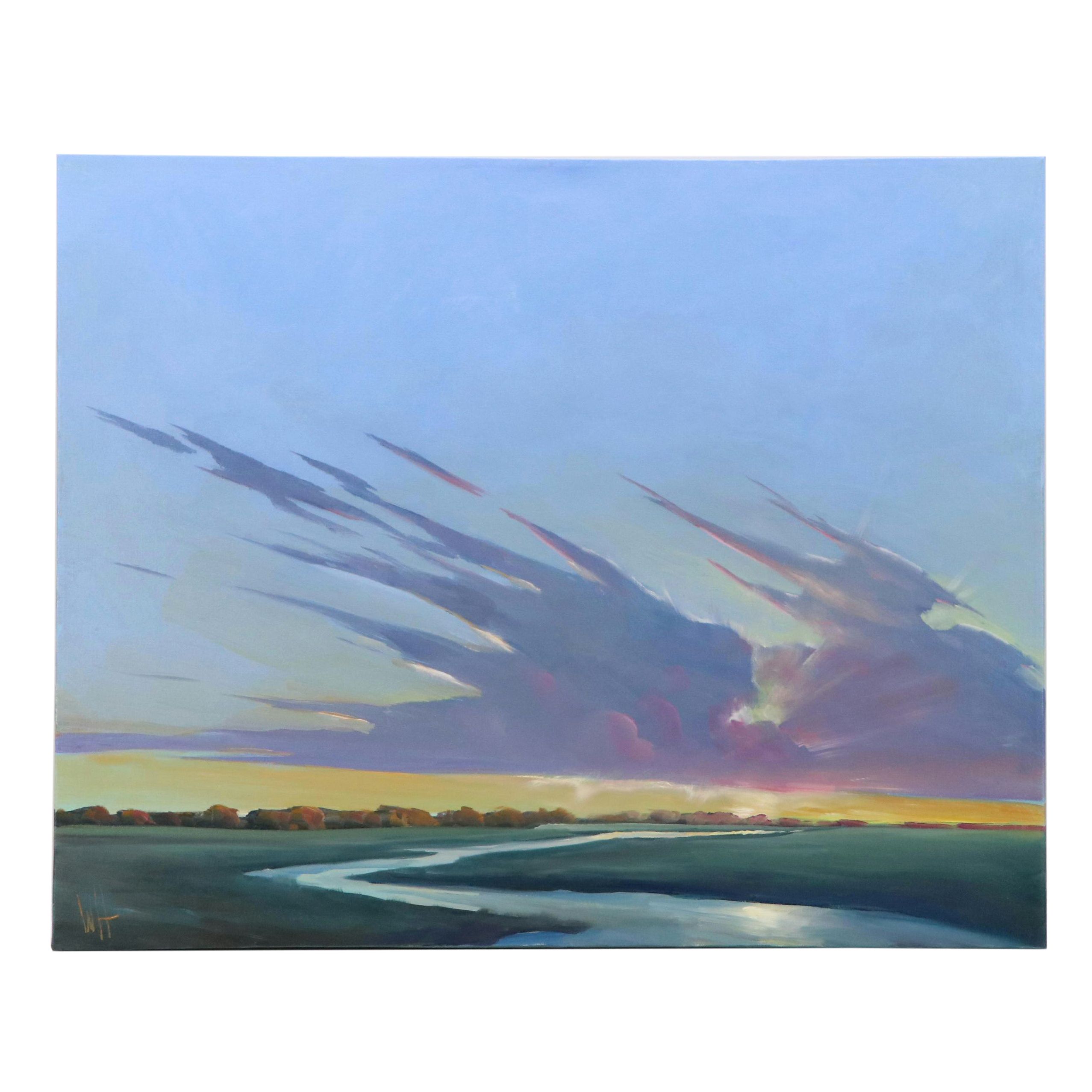 William Hawkins Oil Painting of Expansive Sky Over Winding Stream