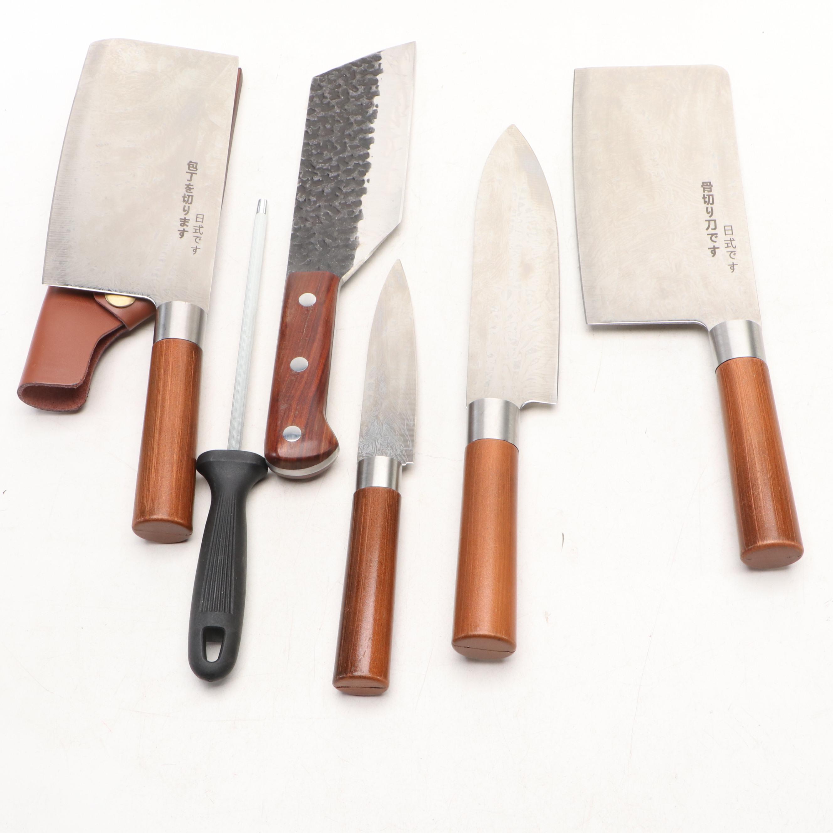 Japanese Style Etched Stainless Steel and Other Chef's Knife in Case