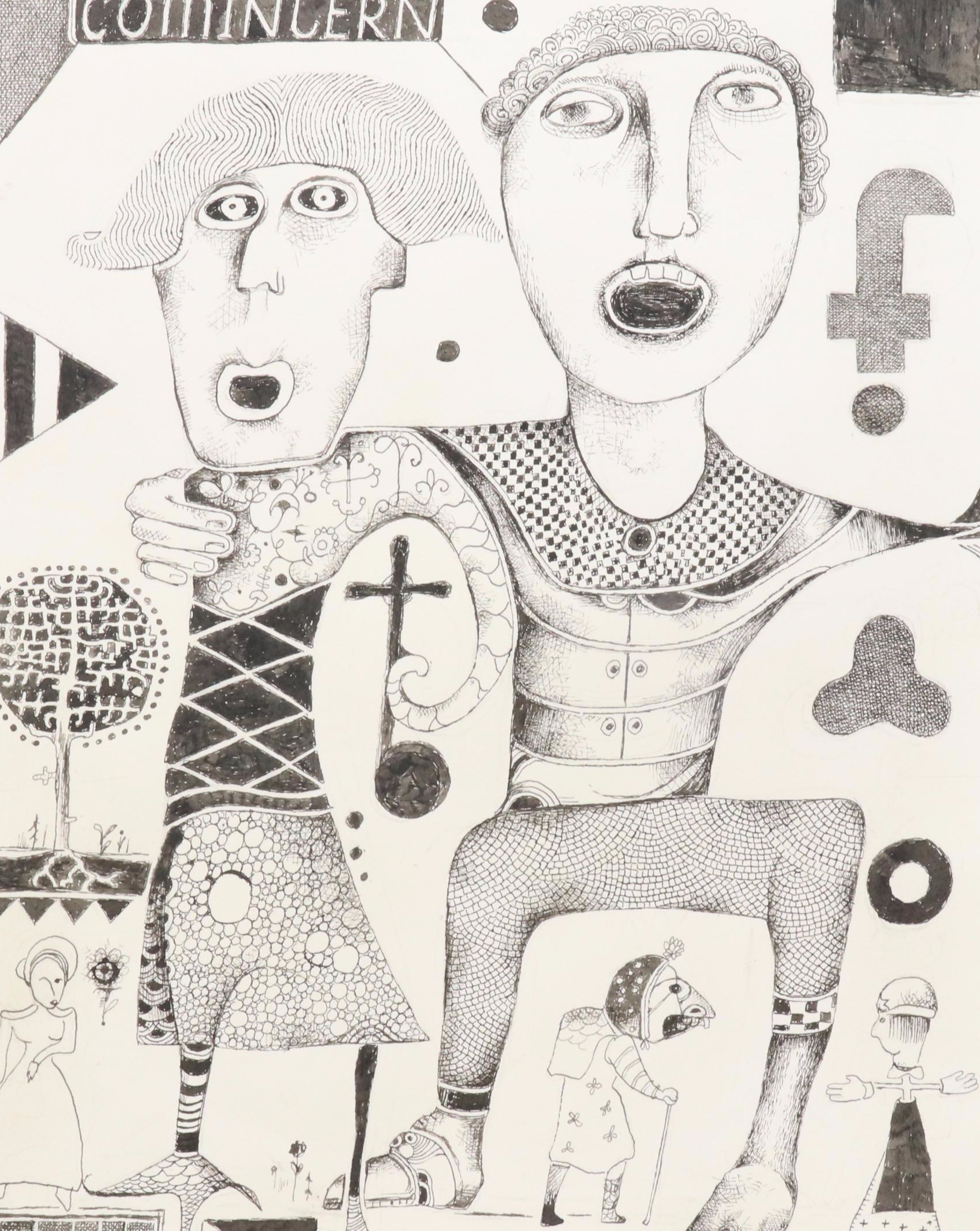 Nikolay "Kuk" Manuylov Figural Surrealist Ink Drawing, 2016