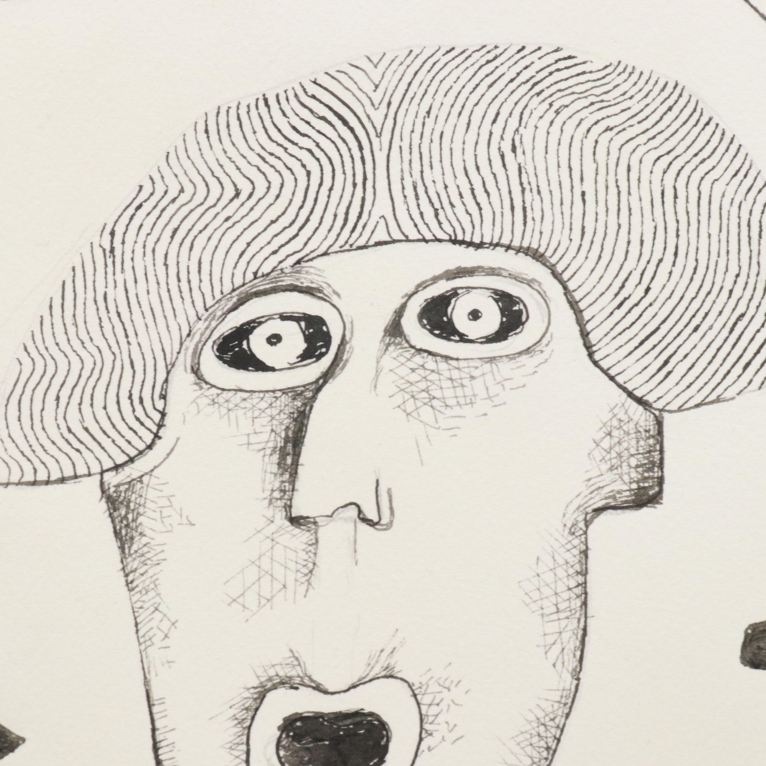 Nikolay "Kuk" Manuylov Figural Surrealist Ink Drawing, 2016