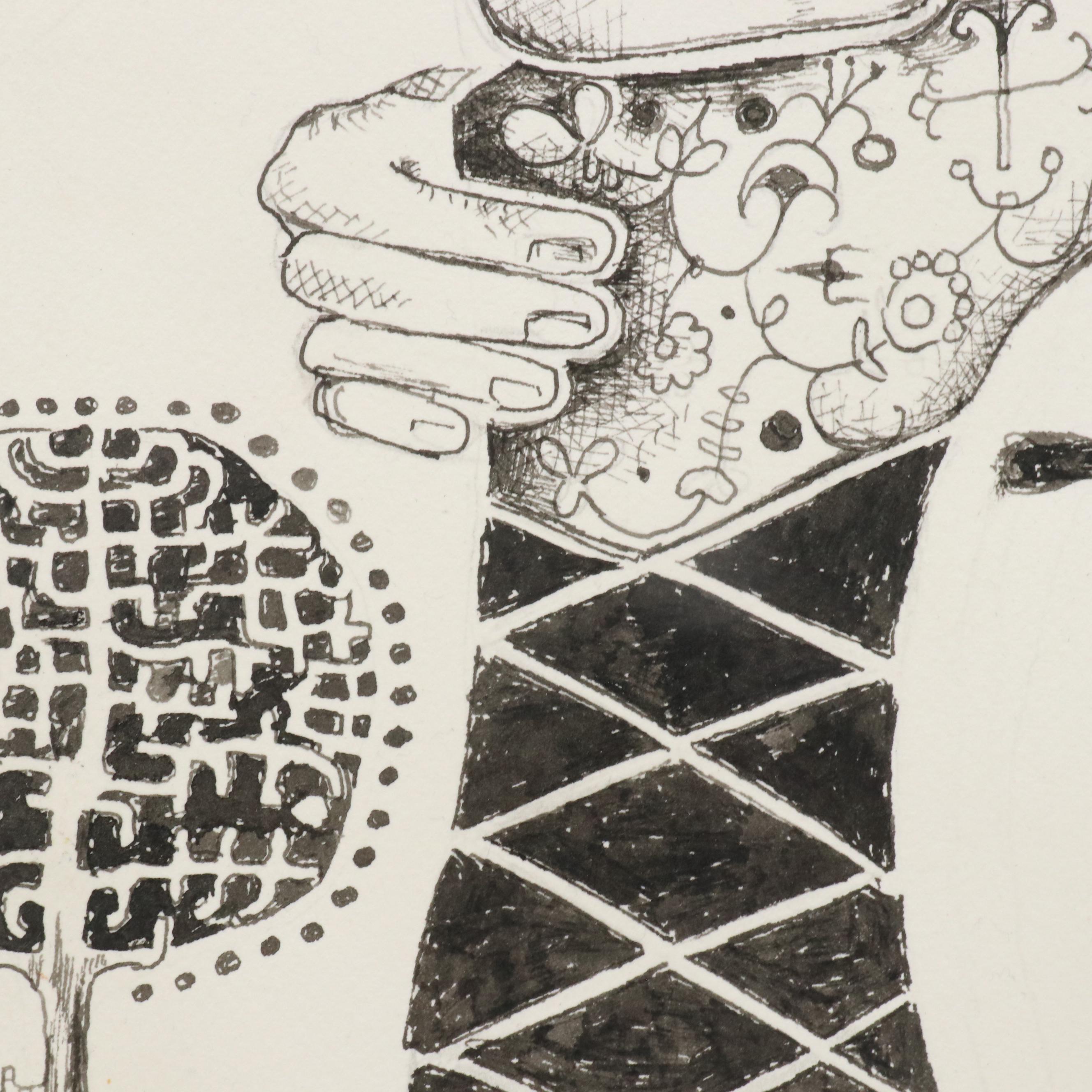 Nikolay "Kuk" Manuylov Figural Surrealist Ink Drawing, 2016