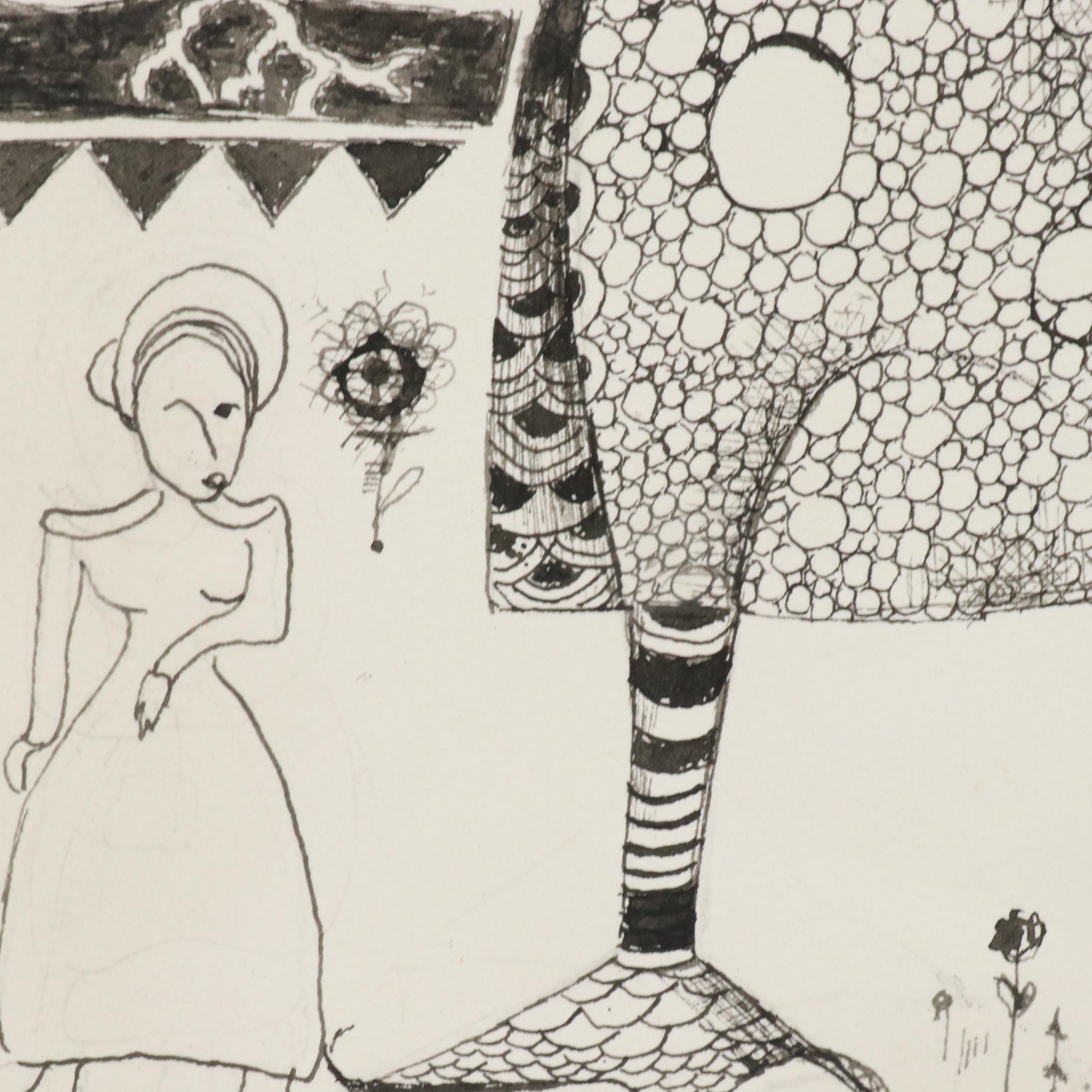 Nikolay "Kuk" Manuylov Figural Surrealist Ink Drawing, 2016