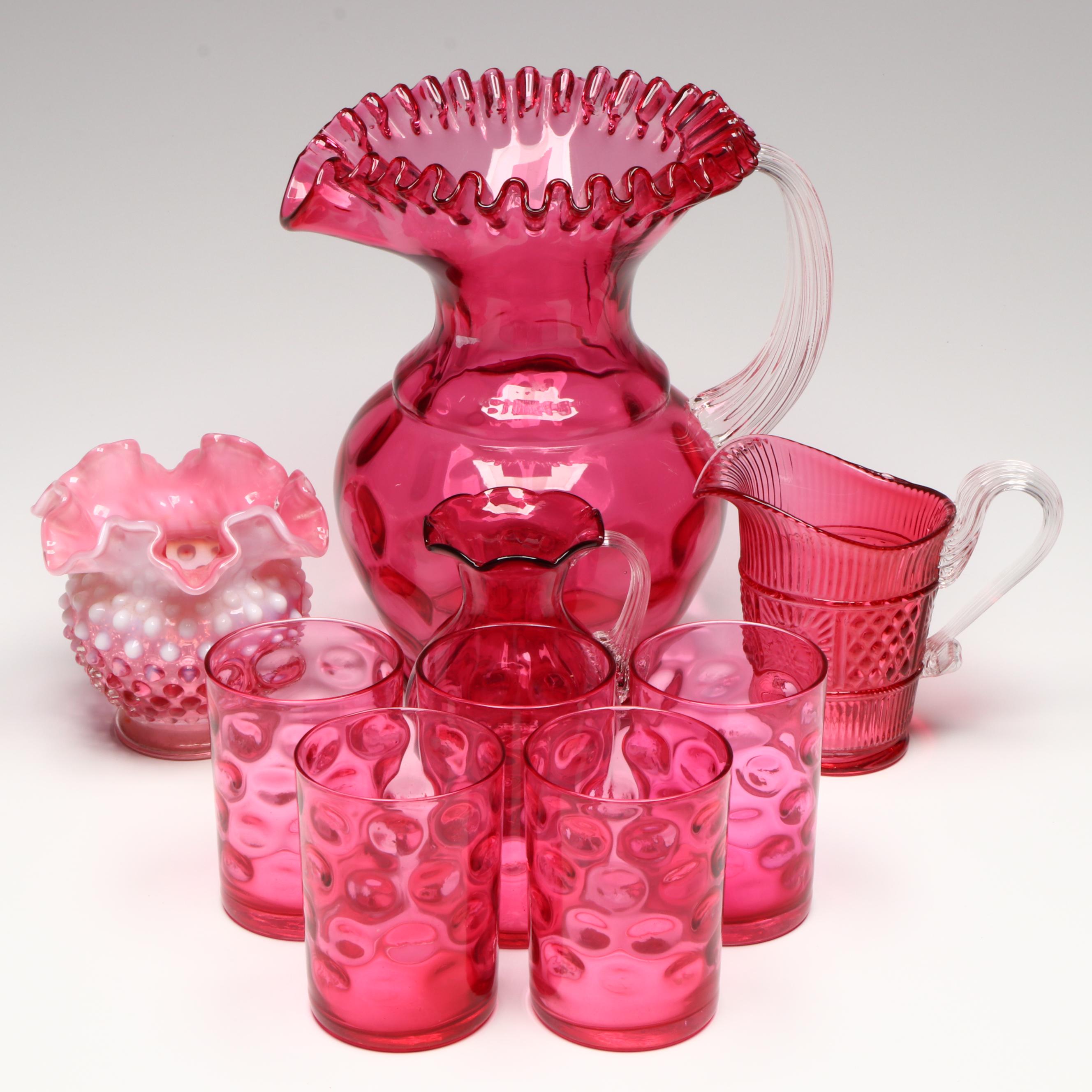 Fenton Hobnail Ruffle Glass Vase, Cranberry Glass Pitcher, and Other Glass Décor