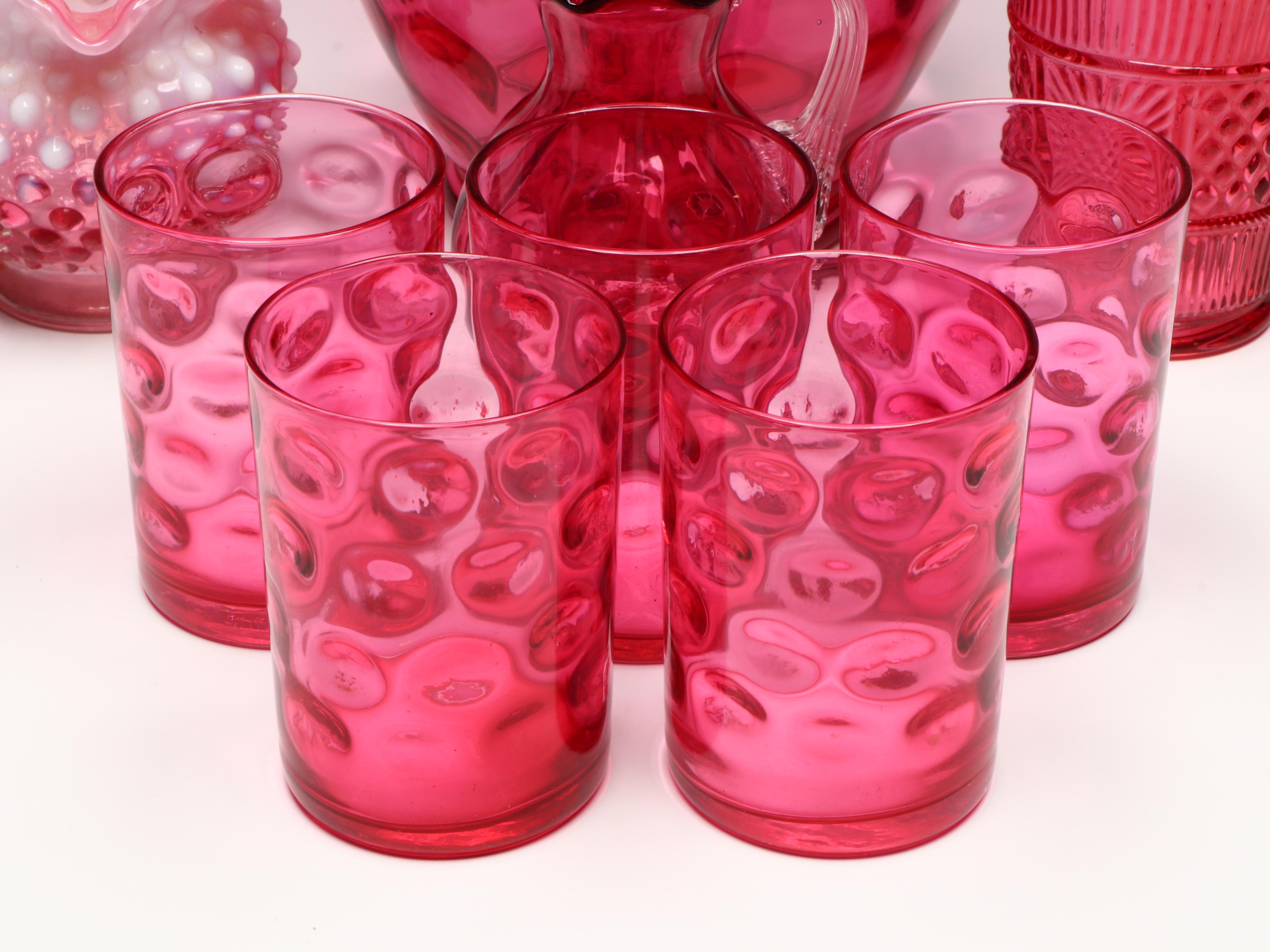 Fenton Hobnail Ruffle Glass Vase, Cranberry Glass Pitcher, and Other Glass Décor