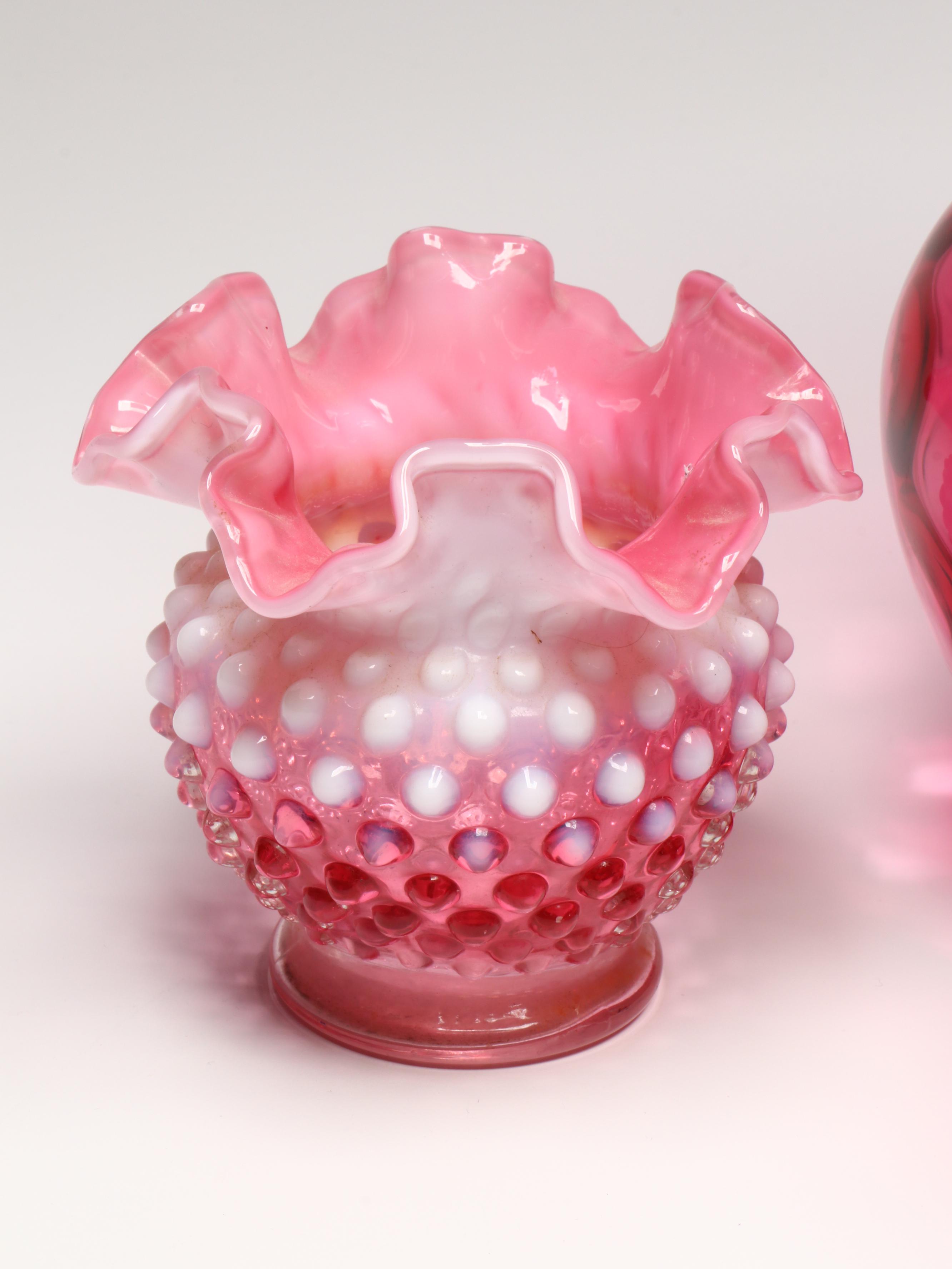 Fenton Hobnail Ruffle Glass Vase, Cranberry Glass Pitcher, and Other Glass Décor