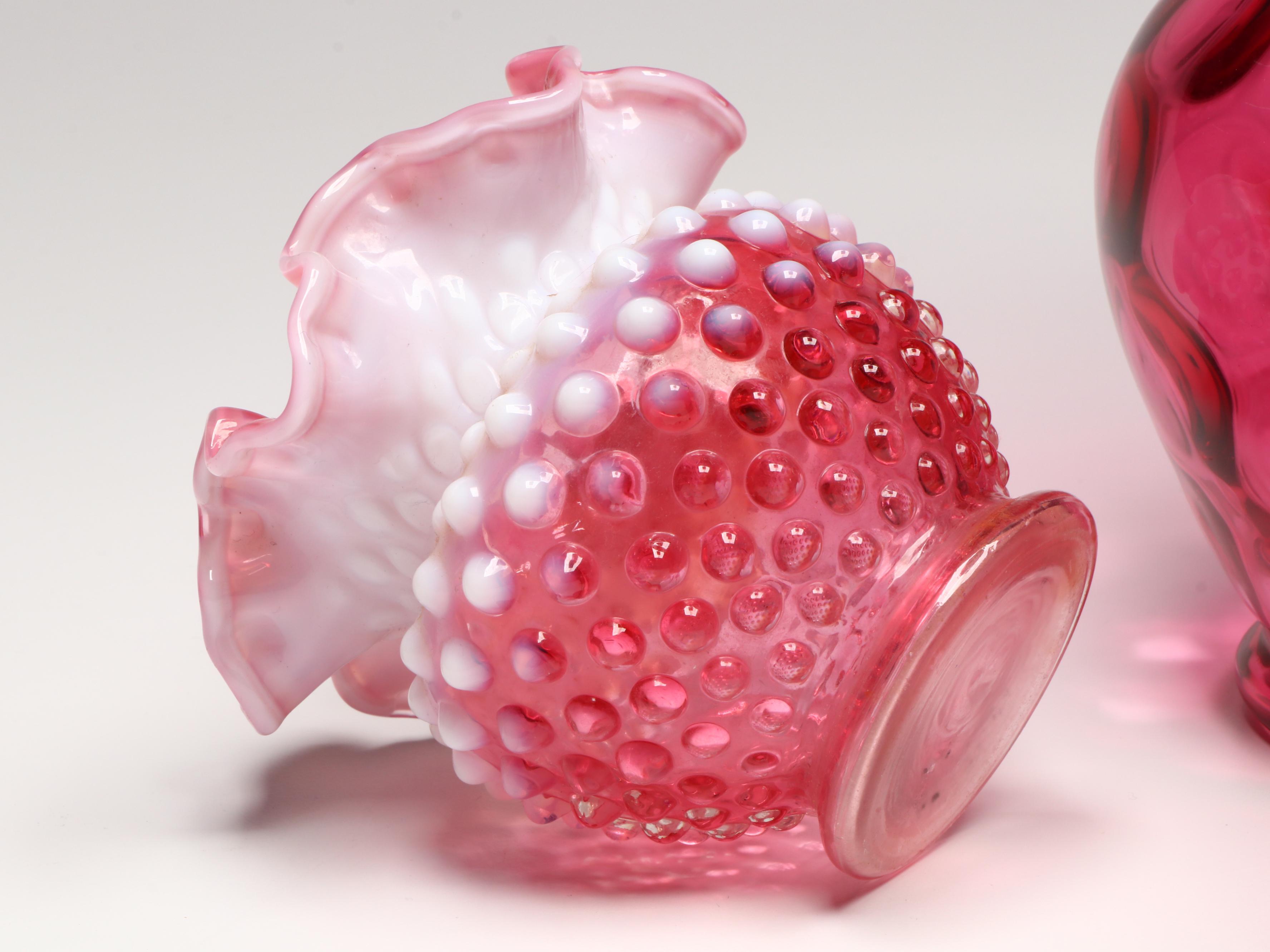 Fenton Hobnail Ruffle Glass Vase, Cranberry Glass Pitcher, and Other Glass Décor