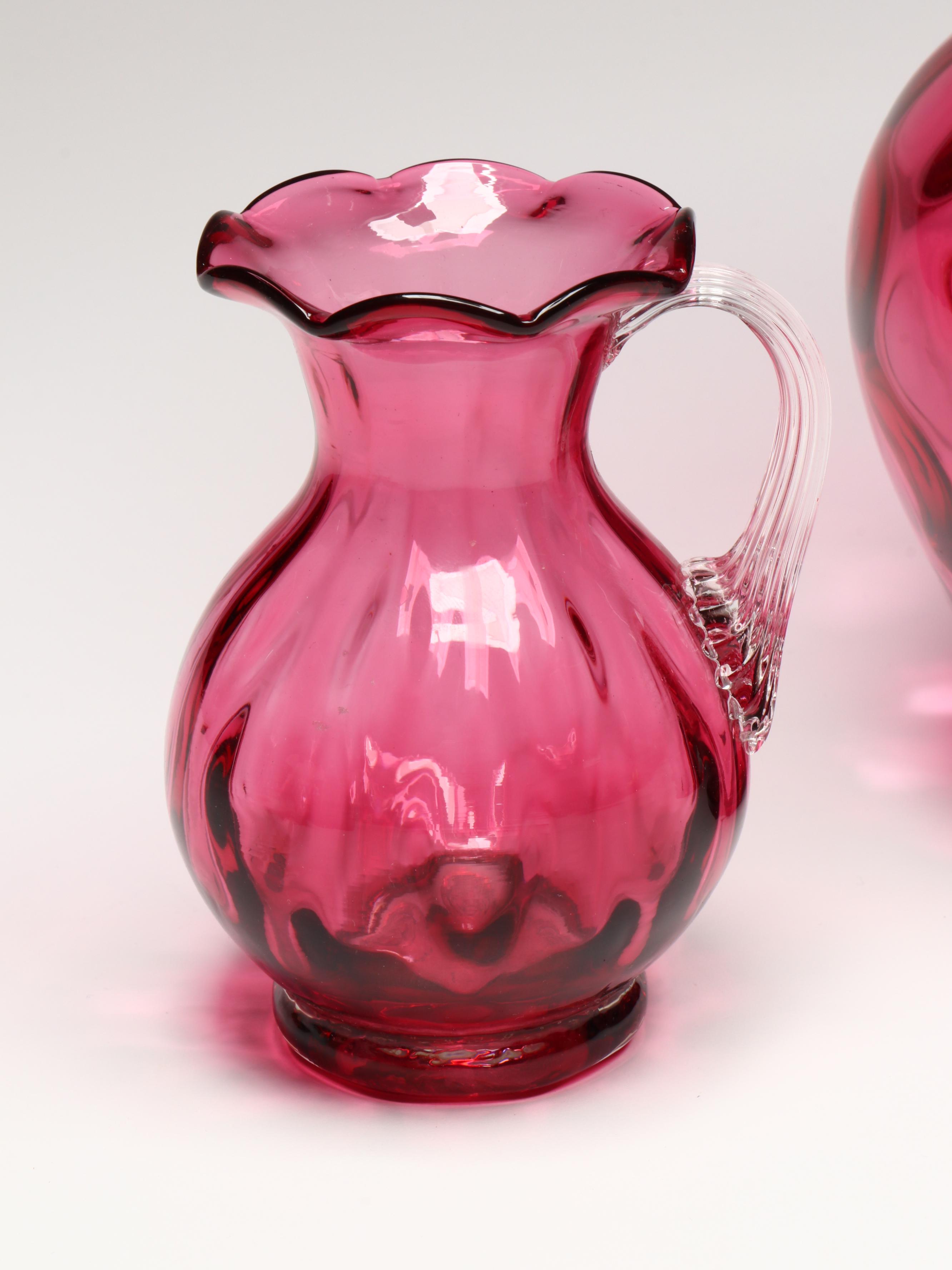 Fenton Hobnail Ruffle Glass Vase, Cranberry Glass Pitcher, and Other Glass Décor