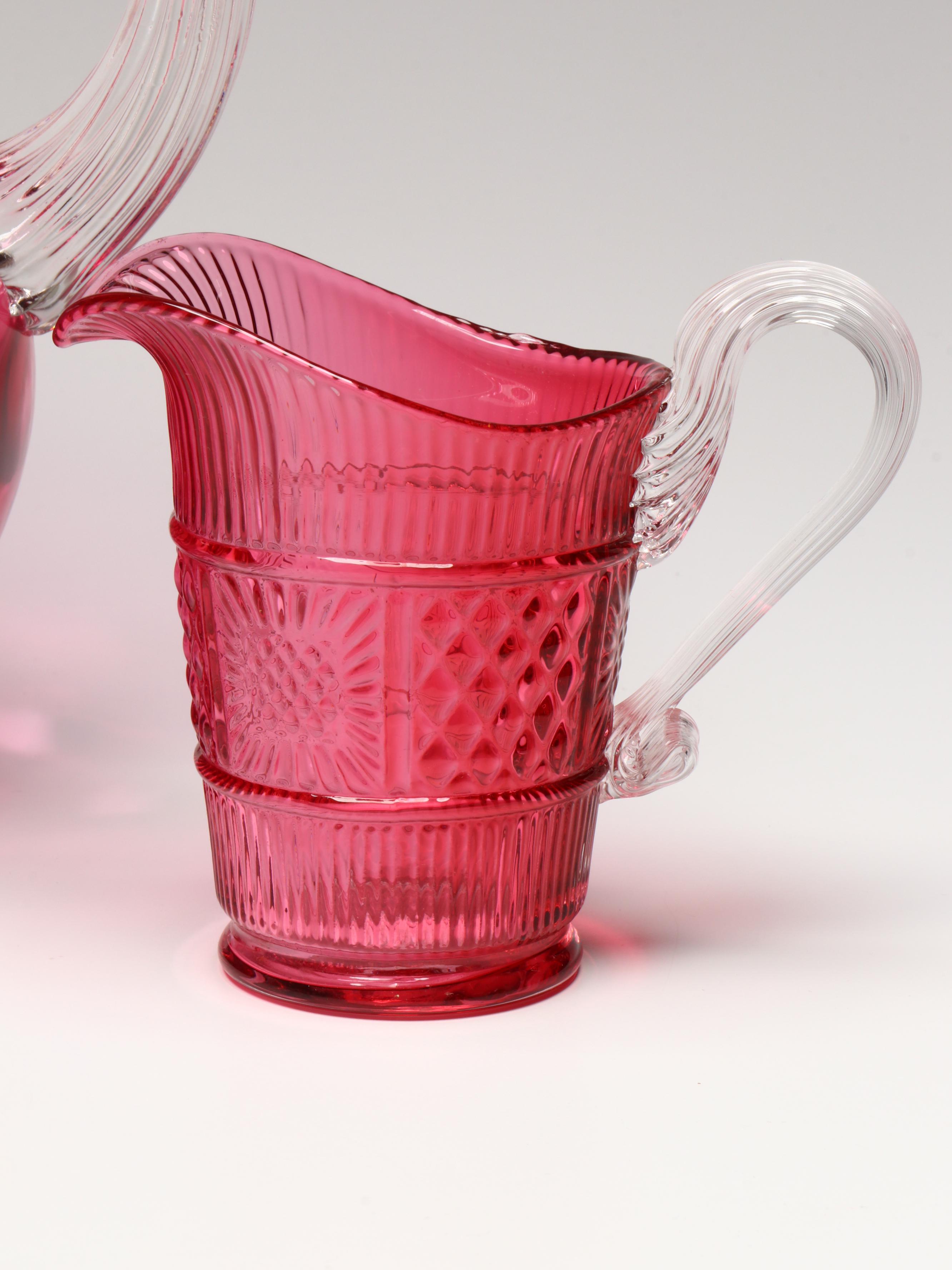 Fenton Hobnail Ruffle Glass Vase, Cranberry Glass Pitcher, and Other Glass Décor