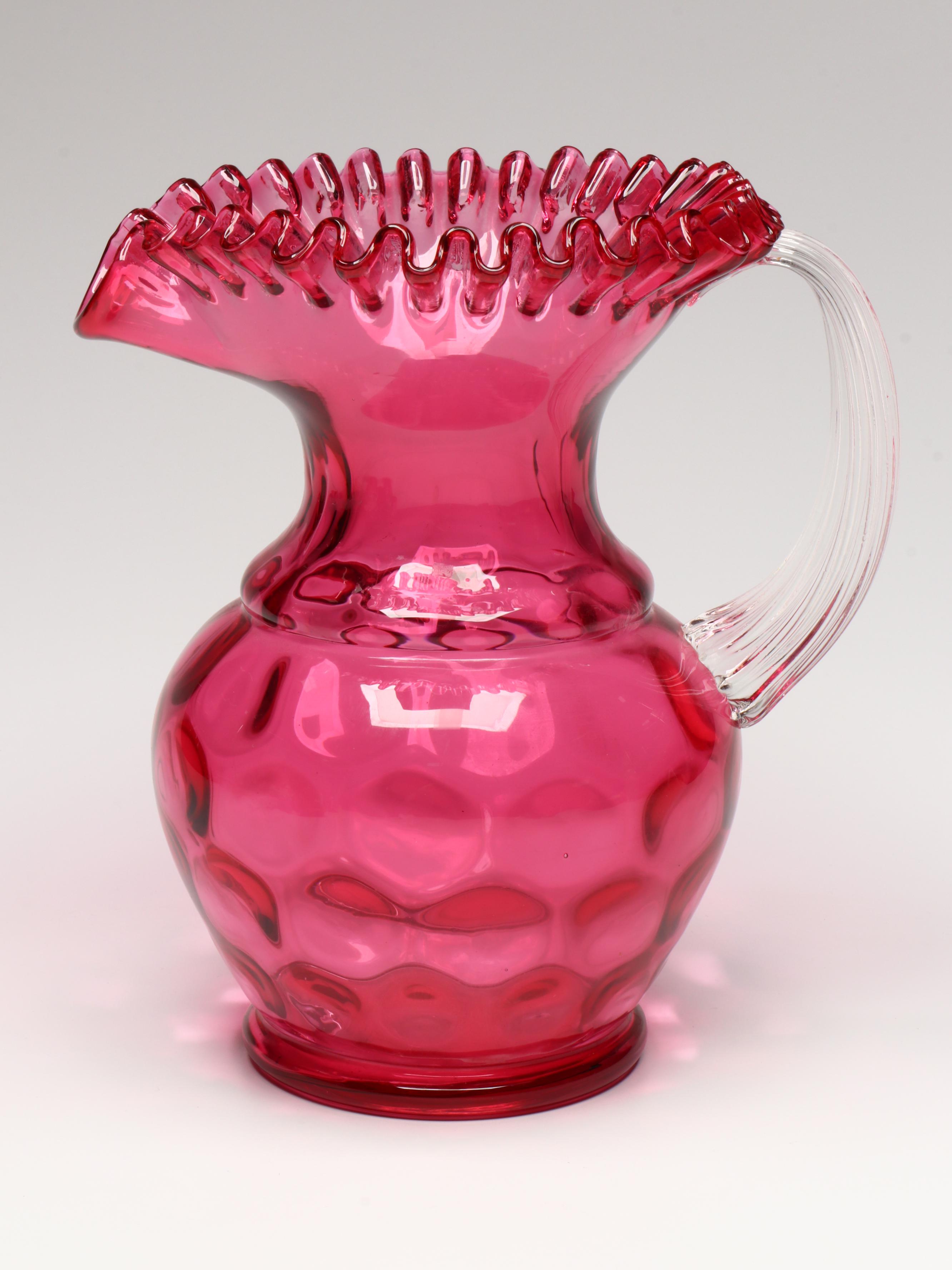 Fenton Hobnail Ruffle Glass Vase, Cranberry Glass Pitcher, and Other Glass Décor