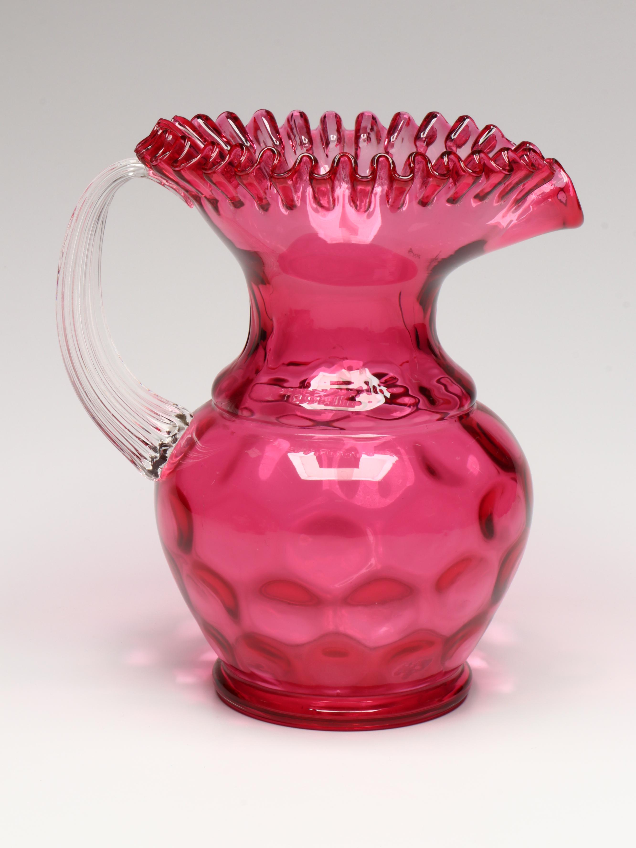 Fenton Hobnail Ruffle Glass Vase, Cranberry Glass Pitcher, and Other Glass Décor