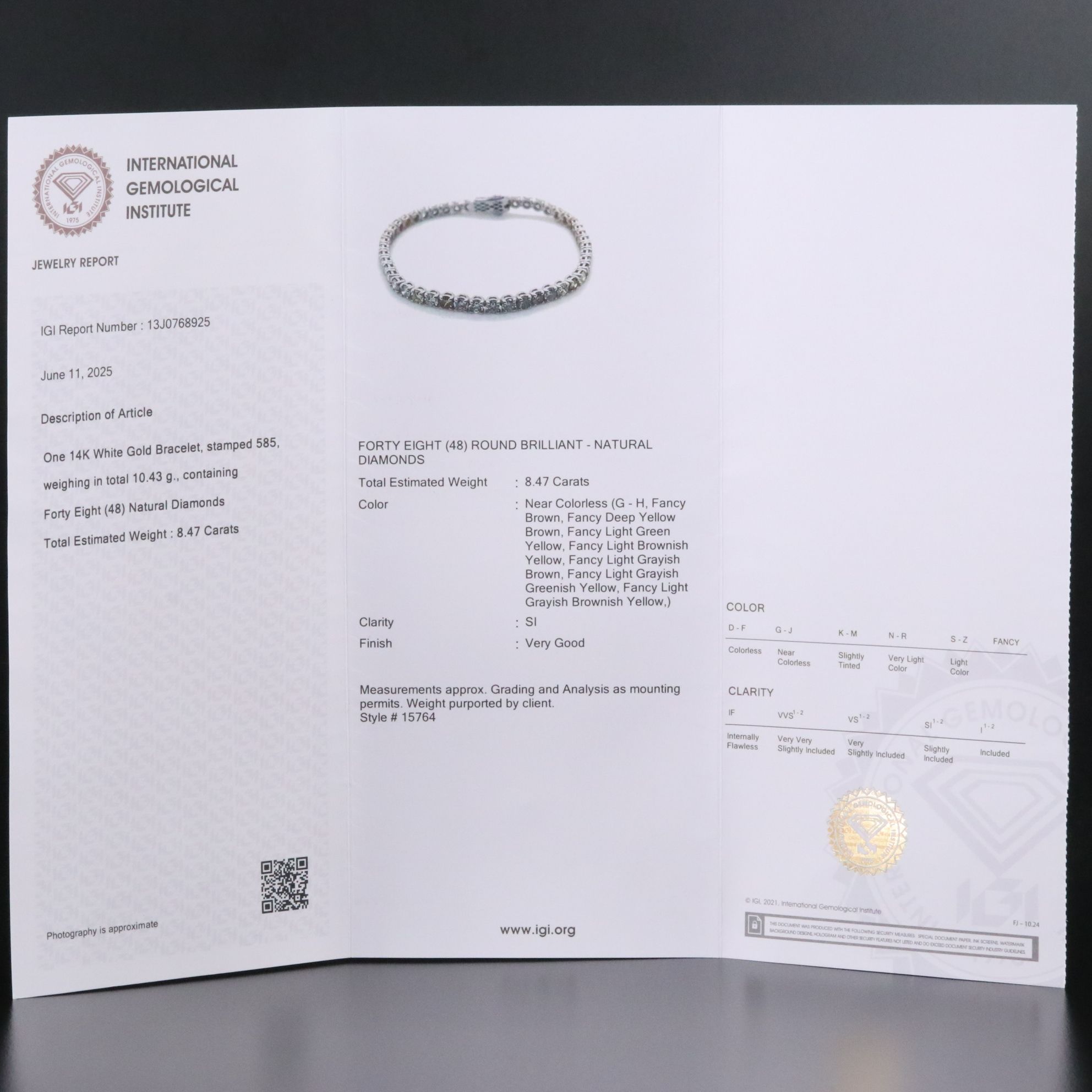 14K 8.47 CTW Fancy Color Diamond Bracelet with IGI Jewelry Report