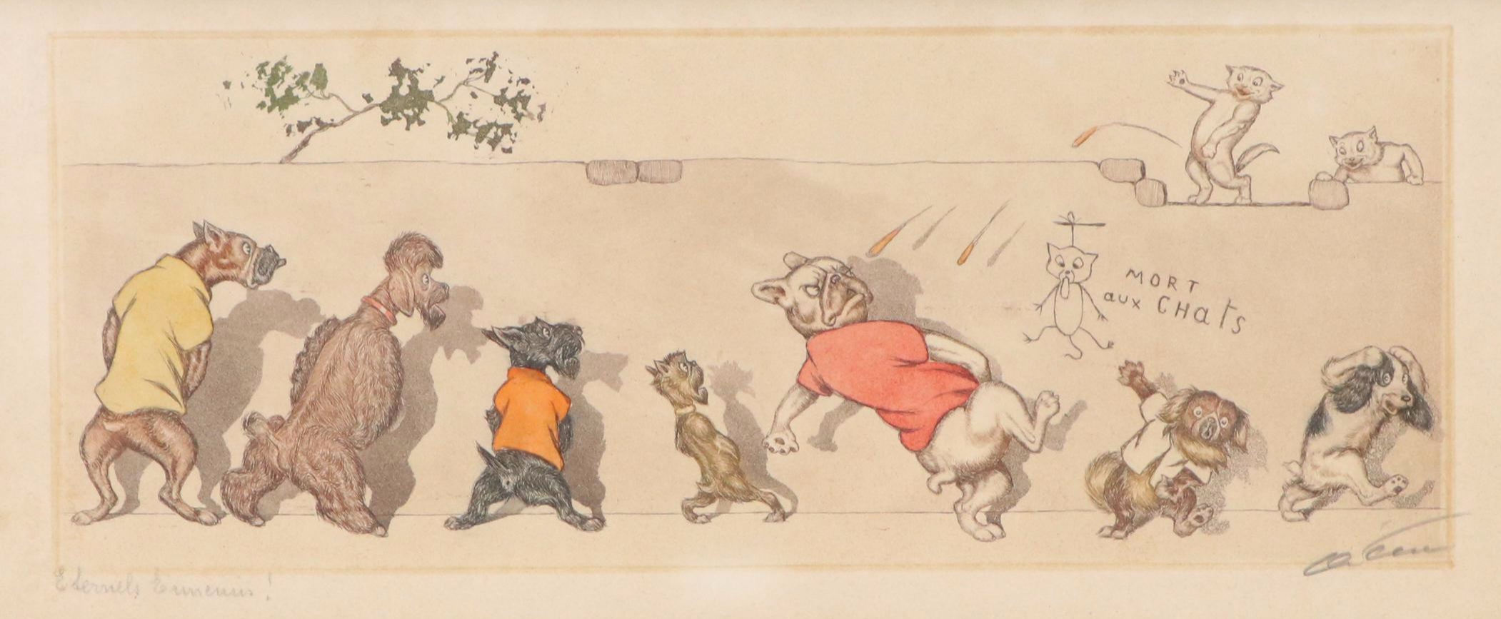 Boris O'Klein Hand-Colored Etching "Eternal Enemies"