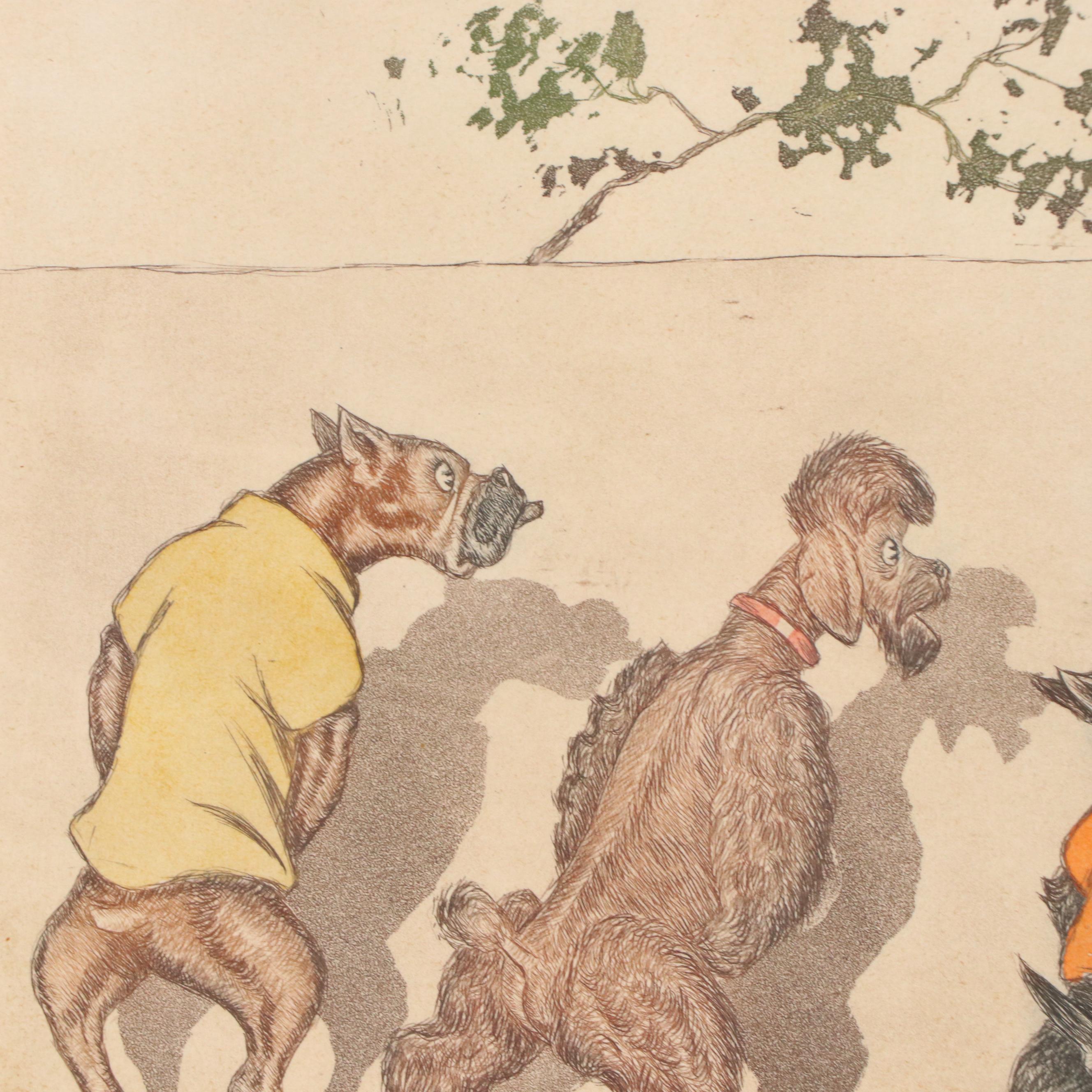 Boris O'Klein Hand-Colored Etching "Eternal Enemies"