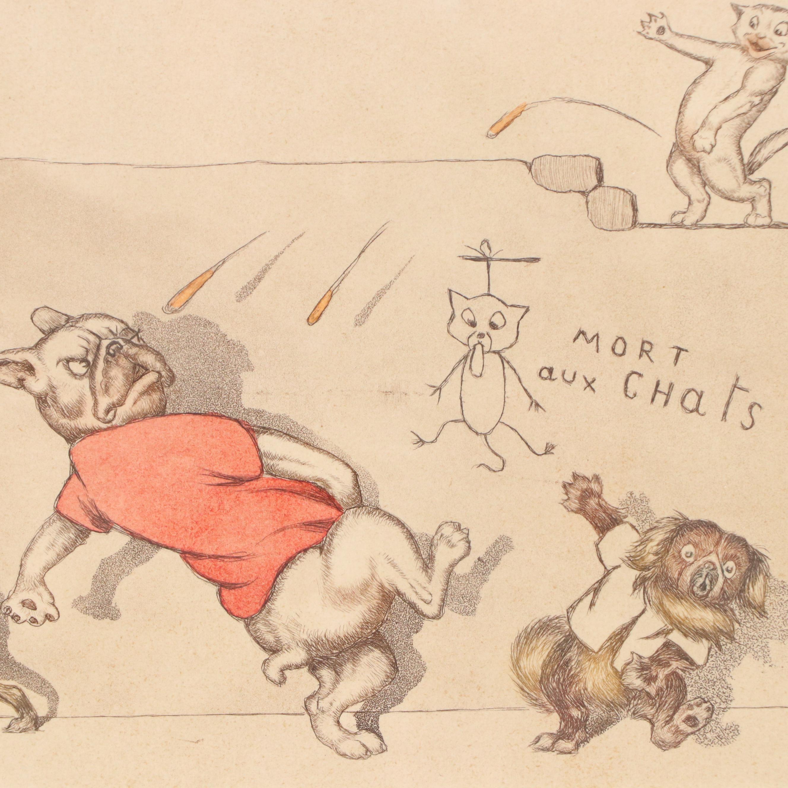 Boris O'Klein Hand-Colored Etching "Eternal Enemies"