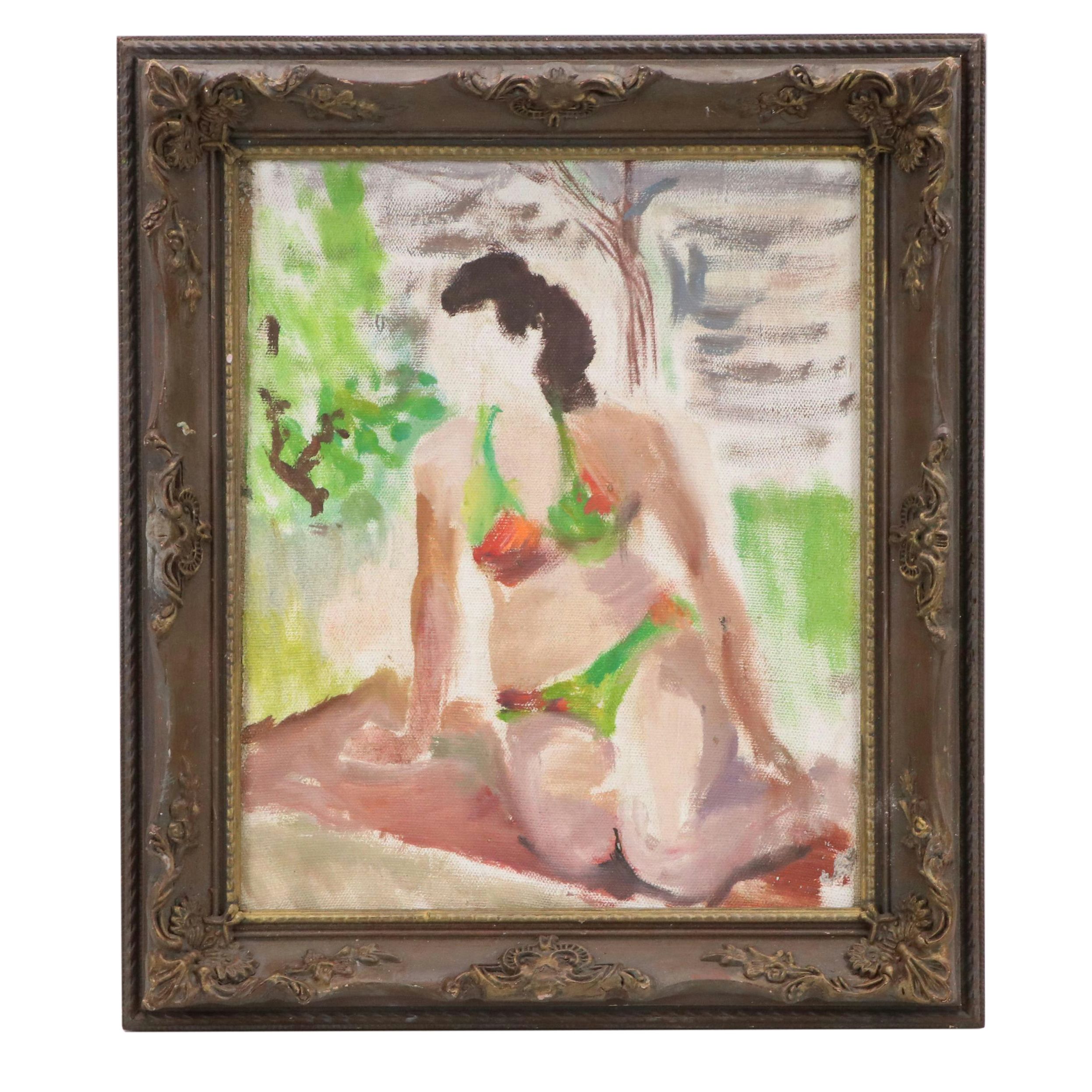 Preparatory or Unfinished Portrait Painting of Woman in a Garden