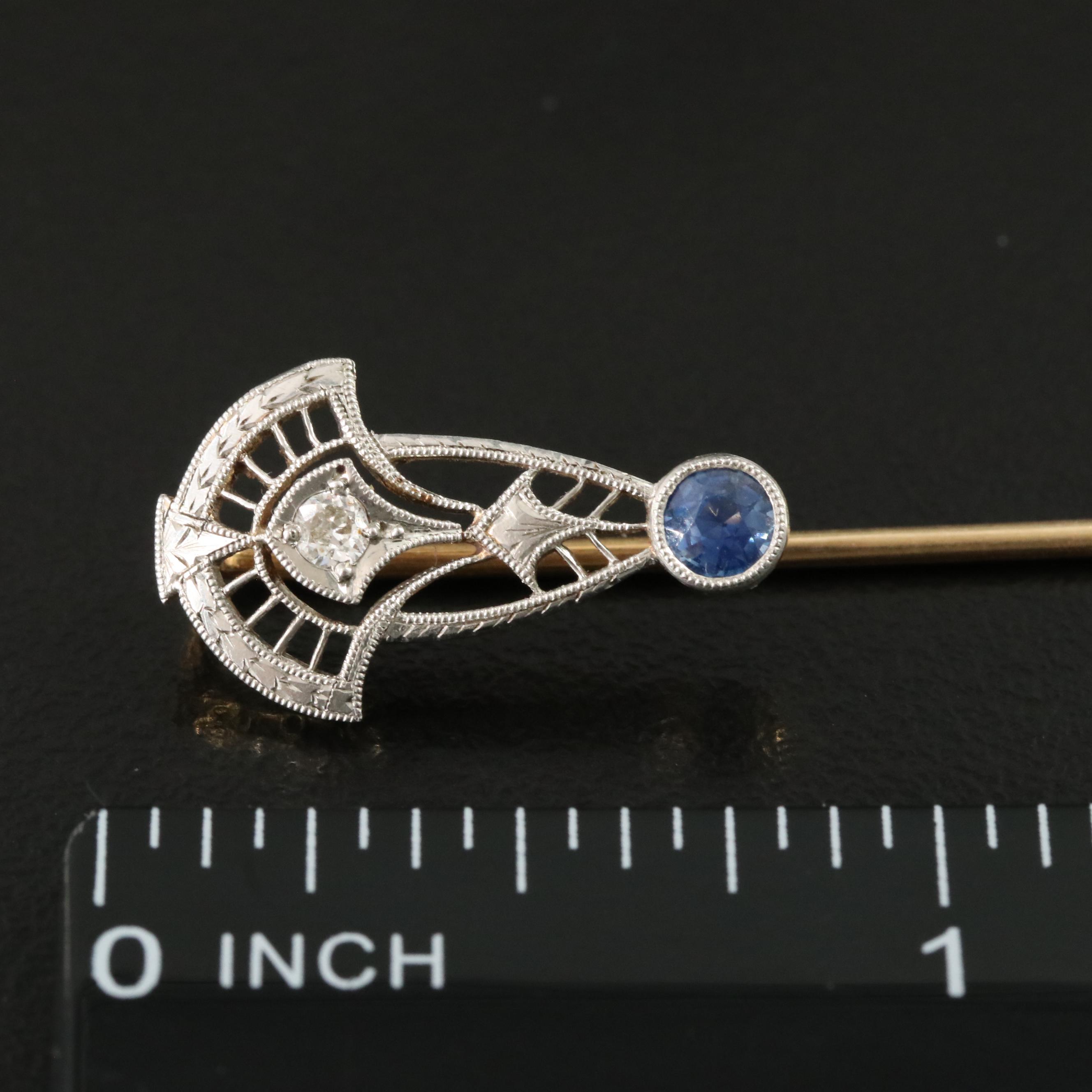 Art Deco 14K Diamond and Sapphire Stick Pin with Platinum Front Trim