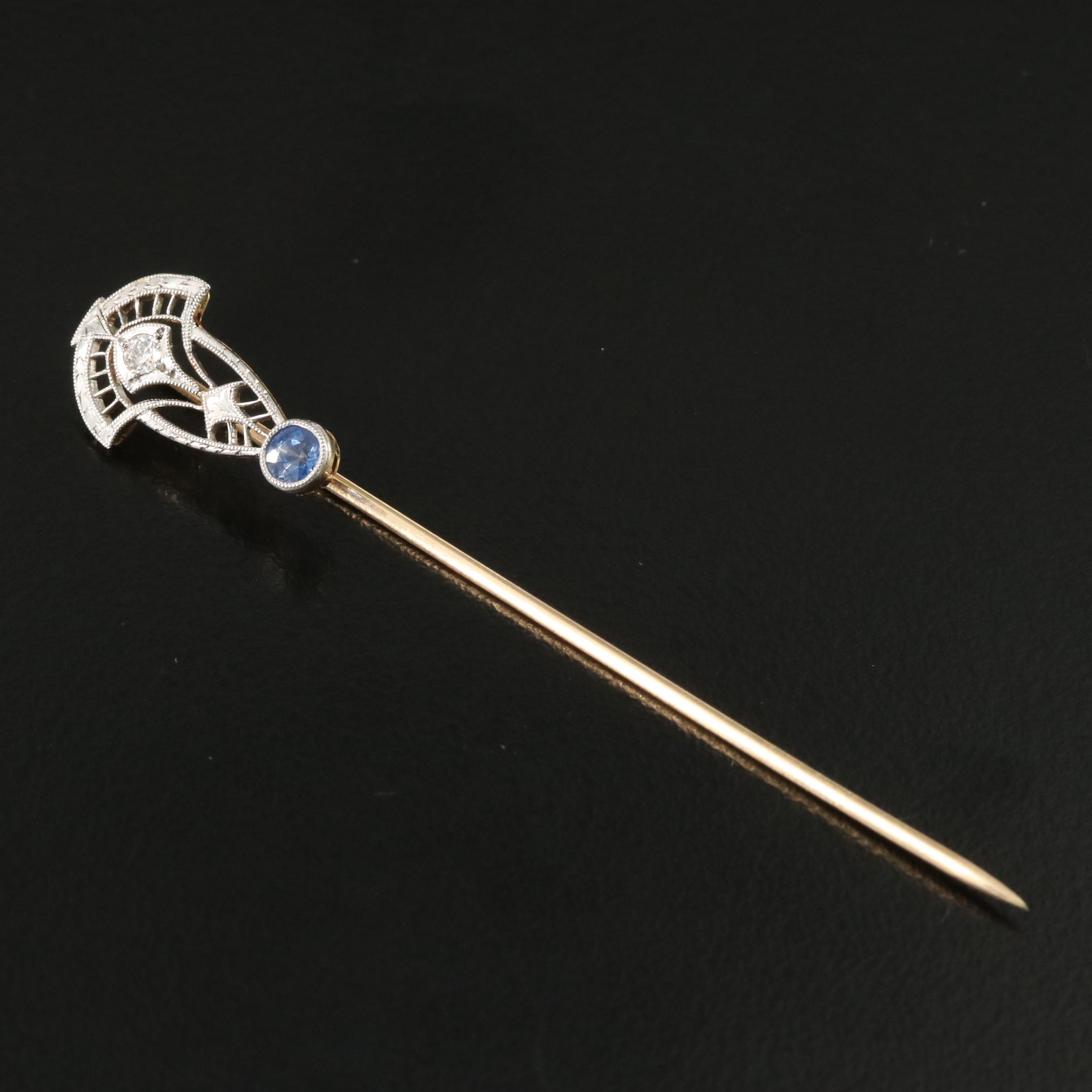 Art Deco 14K Diamond and Sapphire Stick Pin with Platinum Front Trim