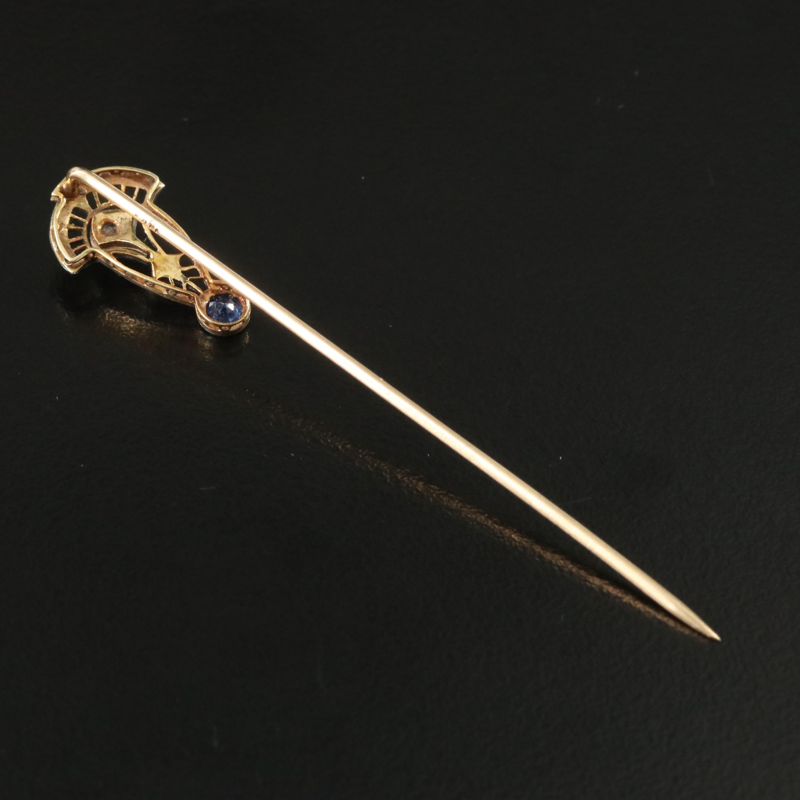 Art Deco 14K Diamond and Sapphire Stick Pin with Platinum Front Trim